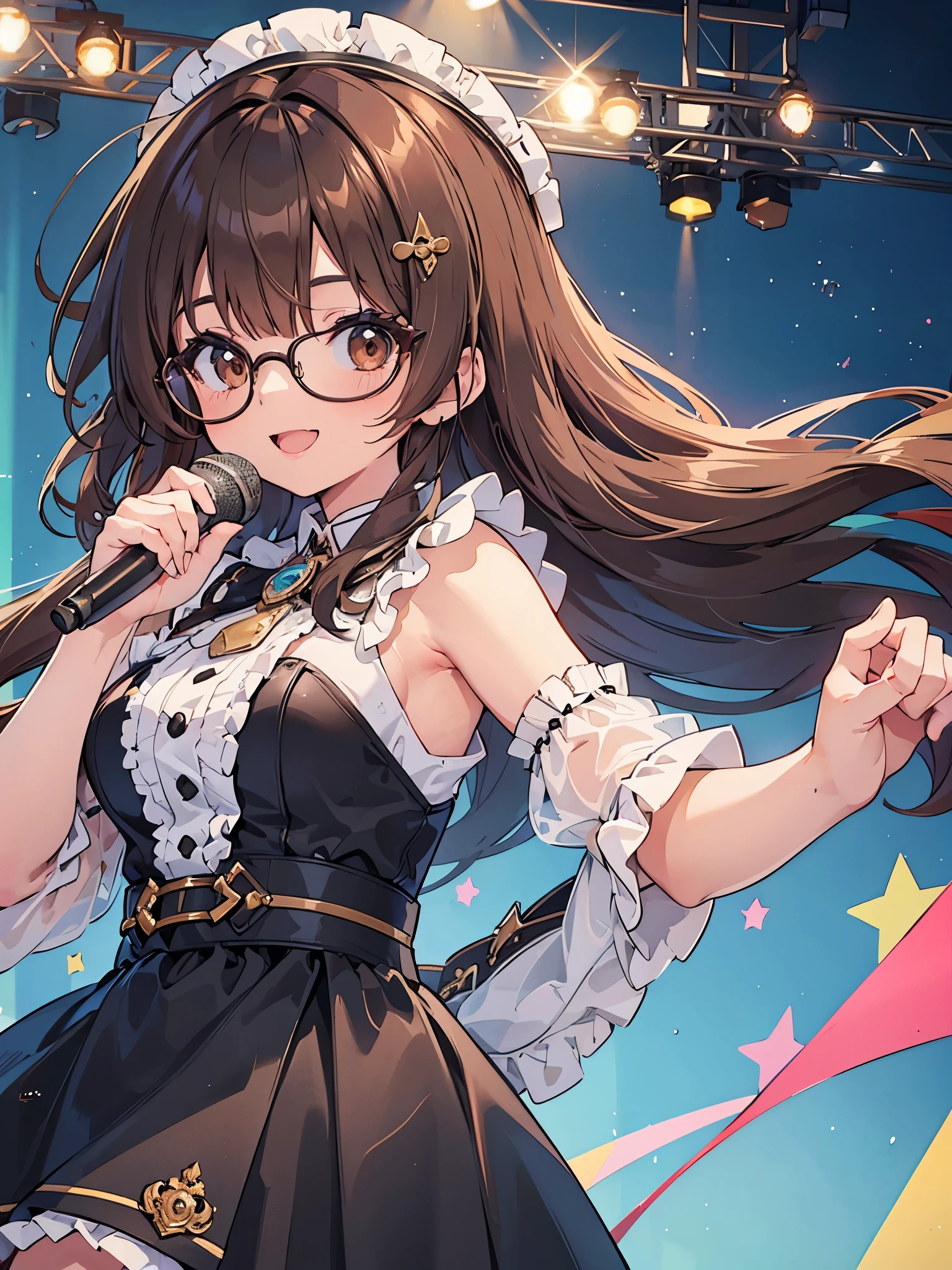 1 Female、Brown hair、Brown Eyes、Best Quality、Super detailed、8 Resolution、Raw photo、Mastepiece、Perfect Body、high resolution、highest quality、Detailed drawing、Vibrant colors、lure、smile、Long Hair、Black-rimmed glasses、Captivating breasts、Sing a song、Idol