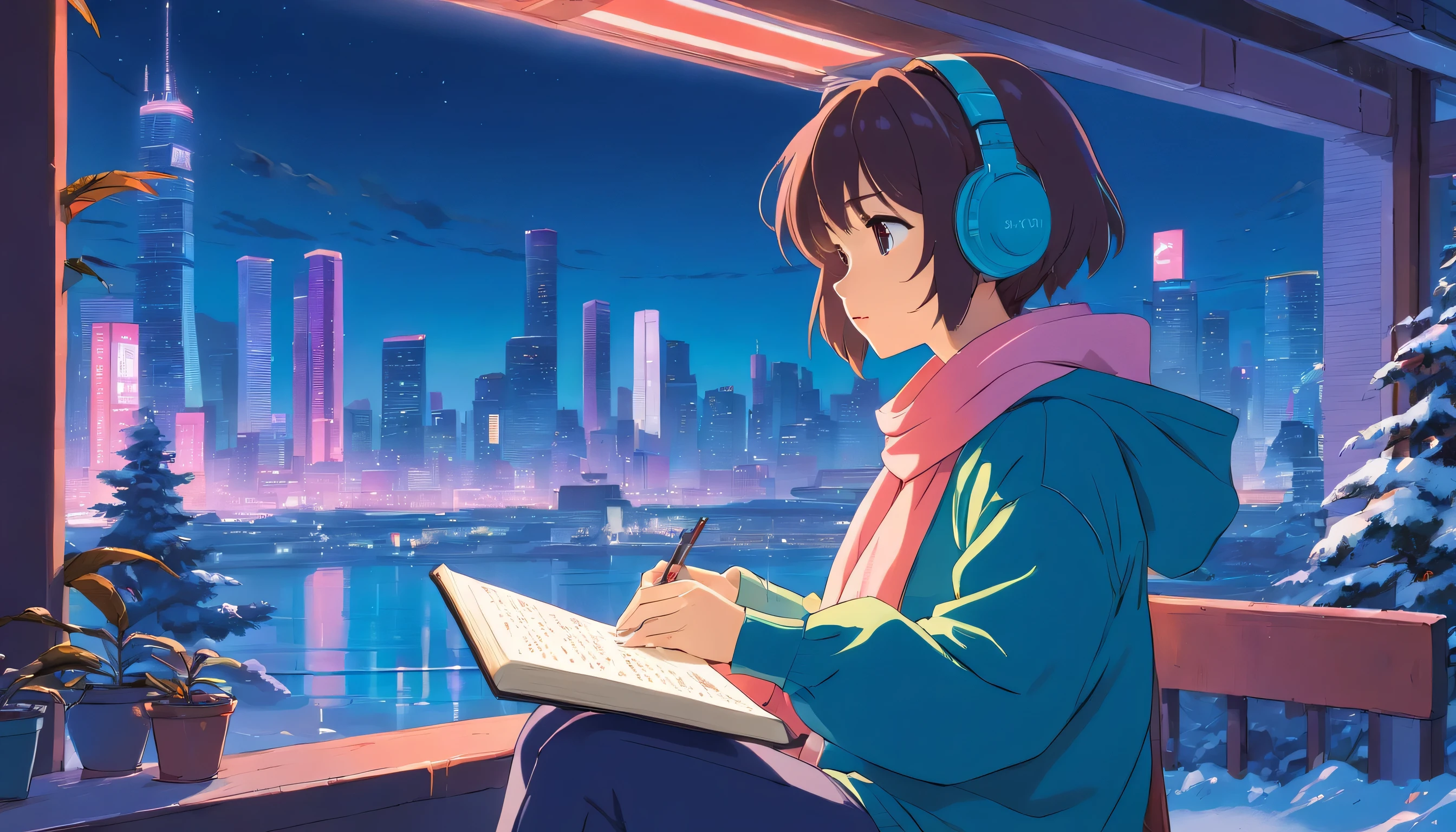 (zero), Girl in the winter garden, Read a book over a cup of coffee, Wear headphones, Wear a shawl, , Cozy night light, Neon landscape on a snowy day, Analog Color Theme, Lo-fi hip hop , review, flat, 2.5D ,Draw a line, Ink drawing, Large slope, Watercolor, Goosh Colors, Studio Ghibli style, Great colorful, Outerton, Synthwave, Lofi Art,90s Style,Old Texture, amplitude,90s vibe, Tabletop, Great technology, 16:9 Scale