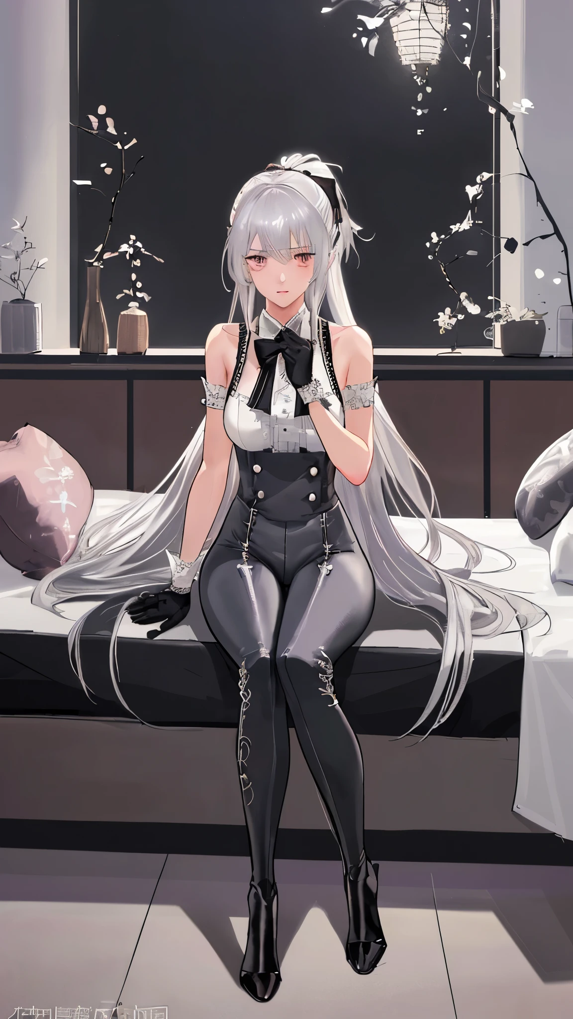 (((1 girl)),Ray Tracing,(Dim Lights),[Detailed background (bedroom)),((Silver Hair)),((Silver Hair)),(Fluffy Silver Hair, Busty and slim girl)) High Ponytail)))) Avoid blonde eyes in the ominous bedroom ((((Girl wearing black high-waisted trousers and tights with delicate embroidery) and white ruffled bow gloves), Show off your slender figure and beautiful curves, correct limb, Sitting on the bed