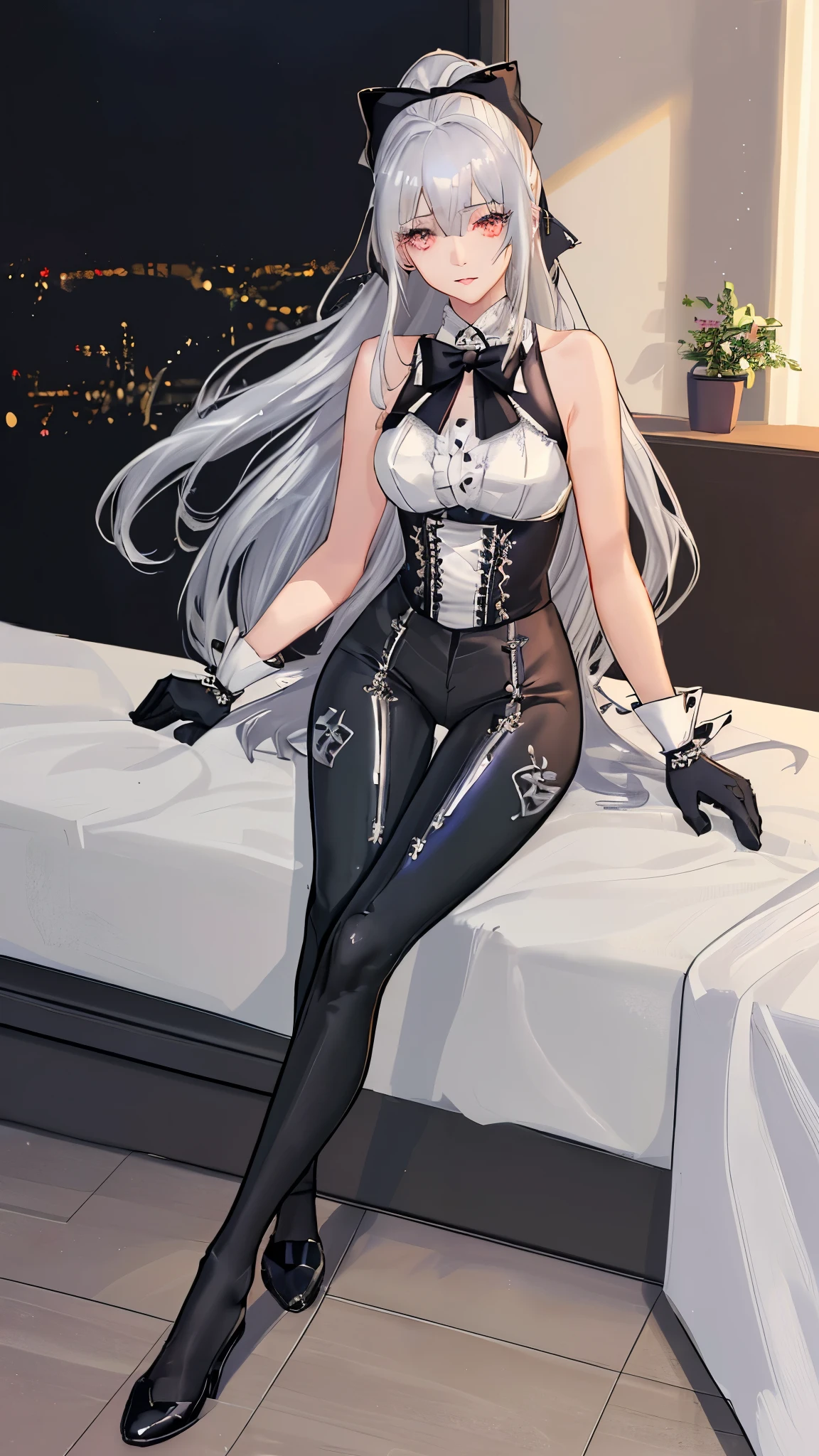 (((1 girl)),Ray Tracing,(Dim Lights),[Detailed background (bedroom)),((Silver Hair)),((Silver Hair)),(Fluffy Silver Hair, Busty and slim girl)) High Ponytail)))) Avoid blonde eyes in the ominous bedroom ((((Girl wearing black high-waisted trousers and tights with delicate embroidery) and white ruffled bow gloves), Show off your slender figure and beautiful curves, correct limb, Sitting on the bed