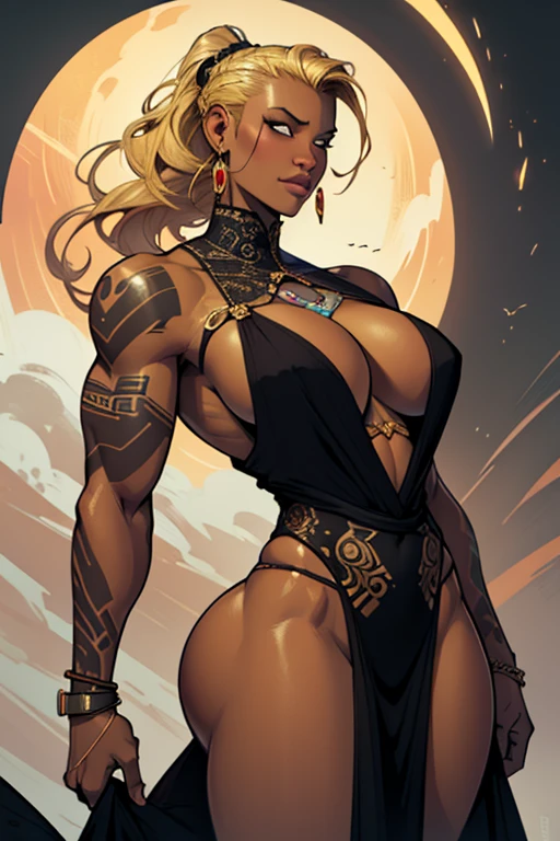 There is a curvaceous dark skinned Senegalese woman (huge breasts, cleavage, blonde haired shaved side hairstyle) with Tribal tattoos all over her body and wearing a long flowing gown made of wind, clouds and fog, a beautiful artwork illustration, stunning digital illustration, Jen Bartel, exquisite digital illustration, tan and brown background, beautiful digital illustration, intricate digital painting, digital painting | intricate, highly detailed vector art, in style of digital illustration, gorgeous digital art, vector behance hd Jesper Ejsing, beautiful digital artwork