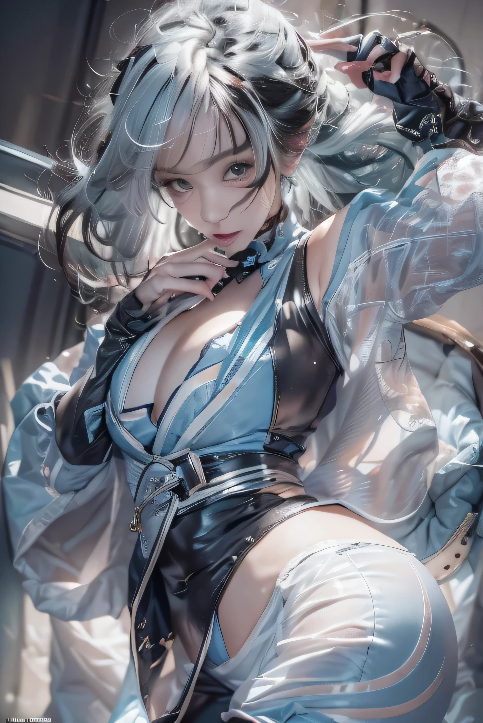 (Photorealistic:1.8, highest quality:1.8,8K masterpiece:1.8,High resolution,Mastepiece:1.8,RAW Photos,Cinematic lighting),No split screen、Highway at night、 (Fighting Android Woman 1)、choker、Black Japanese kimono、Battle Mask、Wide open chest、Body painting with a pop design drawn all over the body、Knee-high boots、Pop design decoration、Beautiful thighs、Beautiful breasts、Nipples visible through clothing、Plump nipples、cameltoe、correct2Benzu、Boldly spreading her legs、A rich expression、fearless smile、Appealing gaze、
(Beautiful, shining blue-white-silver-black hair:1.5)、Fine Lines