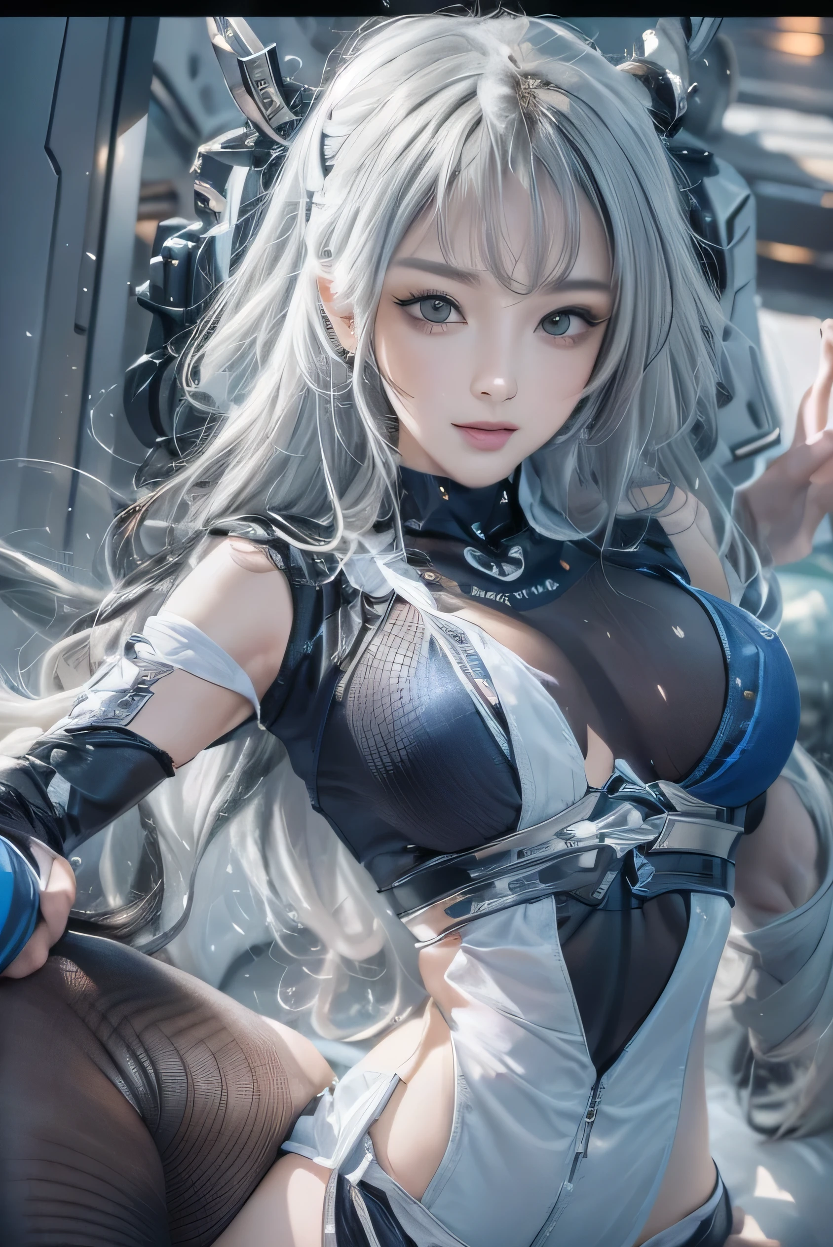 (Photorealistic:1.8, highest quality:1.8,8K masterpiece:1.8,High resolution,Mastepiece:1.8,RAW Photos,Cinematic lighting),No split screen、Highway at night、 (Fighting Android Woman 1)、choker、Black Japanese kimono、Battle Mask、Wide open chest、Body painting with a pop design drawn all over the body、Knee-high boots、Pop design decoration、Beautiful thighs、Beautiful breasts、Nipples visible through clothing、Plump nipples、cameltoe、correct2Benzu、Boldly spreading her legs、A rich expression、fearless smile、Appealing gaze、
(Beautiful, shining blue-white-silver-black hair:1.5)、Fine Lines