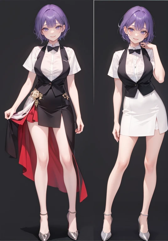 ((Perfect Face)),Purple Hair,short hair,1 female,bartender,,Black vest,skirt,slit,High heels,((Simple light color background)),((smile)),((Full Body)),((full body)),Portraits,Character Sheet,upright,