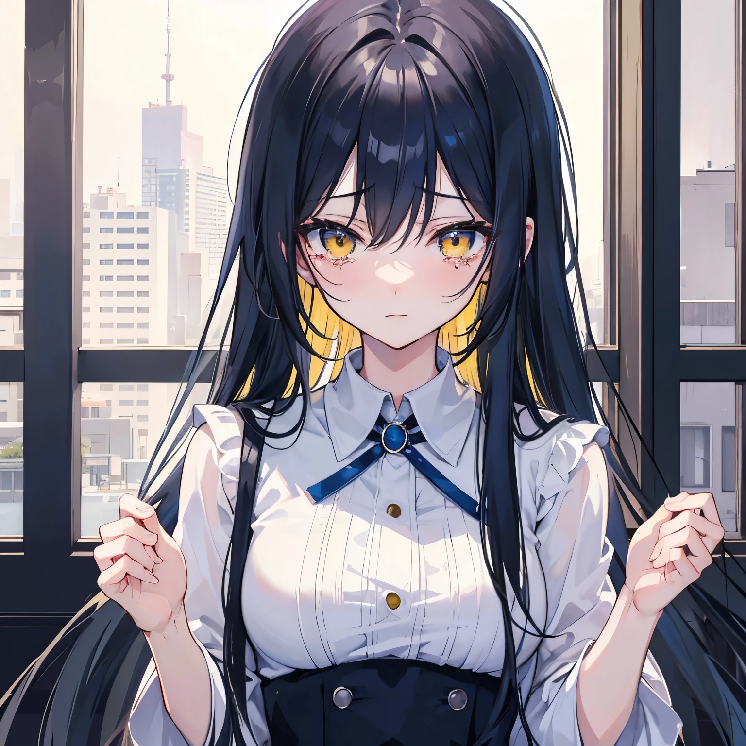 An anime girl crying while looking at luxury hotel , black hair and blue , yellow eyes , best quality , 8k