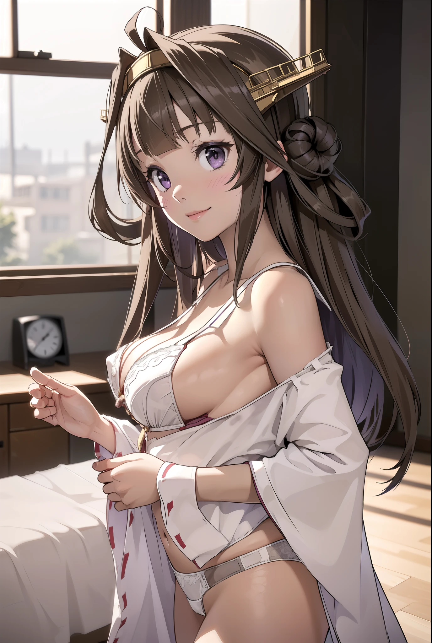 Ship Kongo, kongou, Ahoge, Brown Hair, Double good, Hair Bun, hair band, headgear, Long Hair, (Purple eyes:1.1), 

壊す looking at viewer, smile, blush, Full body,Standing Break Living, Office Room, Break the lower body (masterpiece:1.2), highest quality, High resolution, unity 8k wallpaper, (shape:0.8), (Beautiful details:1.6), Highly detailed face, Perfect lighting, Extremely detailed CG, (Perfect hands, Perfect Anatomy),(panties), (bra), ((Flashy underwear)) In underwear, Skirt Lift,