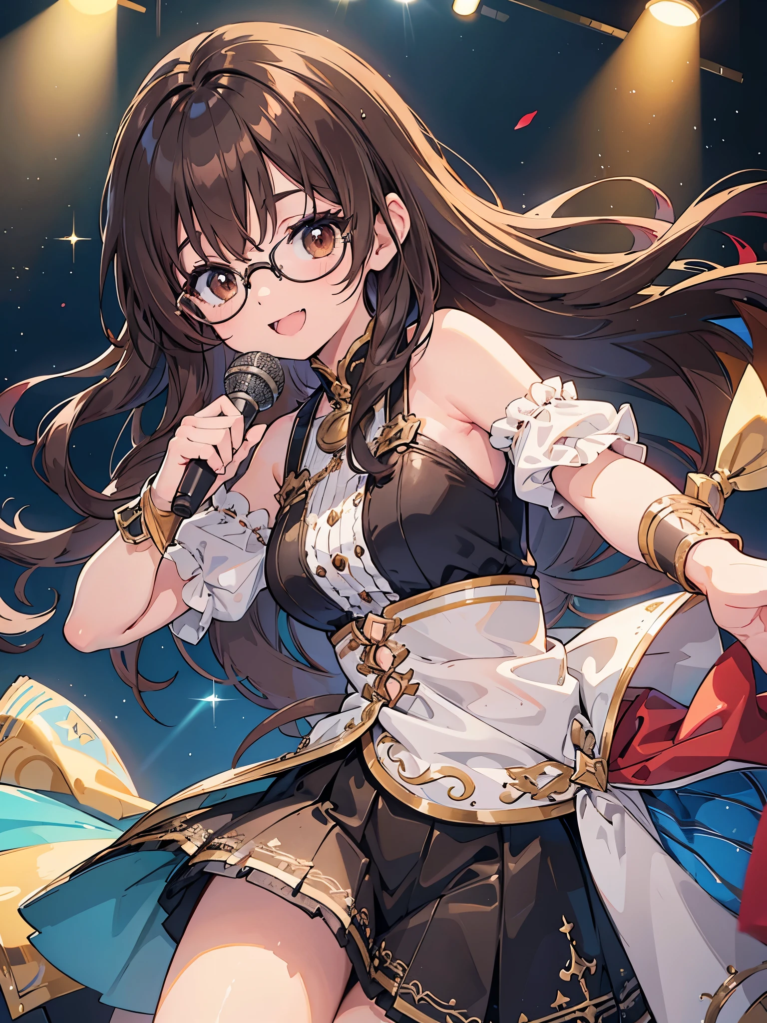 1 Female、Brown hair、Brown Eyes、Best Quality、Super detailed、8 Resolution、Raw photo、Mastepiece、Perfect Body、high resolution、highest quality、Detailed drawing、Vibrant colors、lure、smile、Long Hair、Black-rimmed glasses、Captivating breasts、Sing a song、Idol