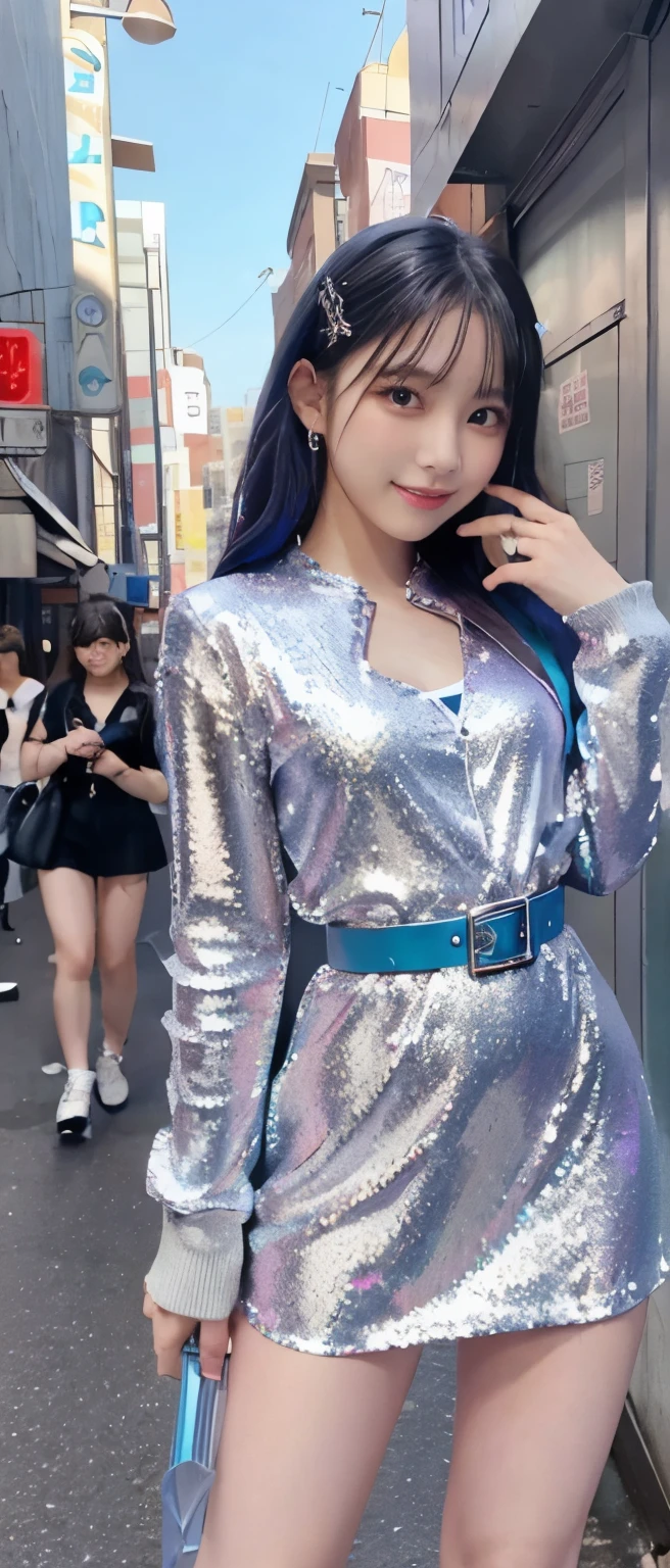 cool idol girl、whole body、Good style、、、、Silver sequin mini dress、Fantastic City、、、Gorgeous shiny blue jacket、Great belt、
