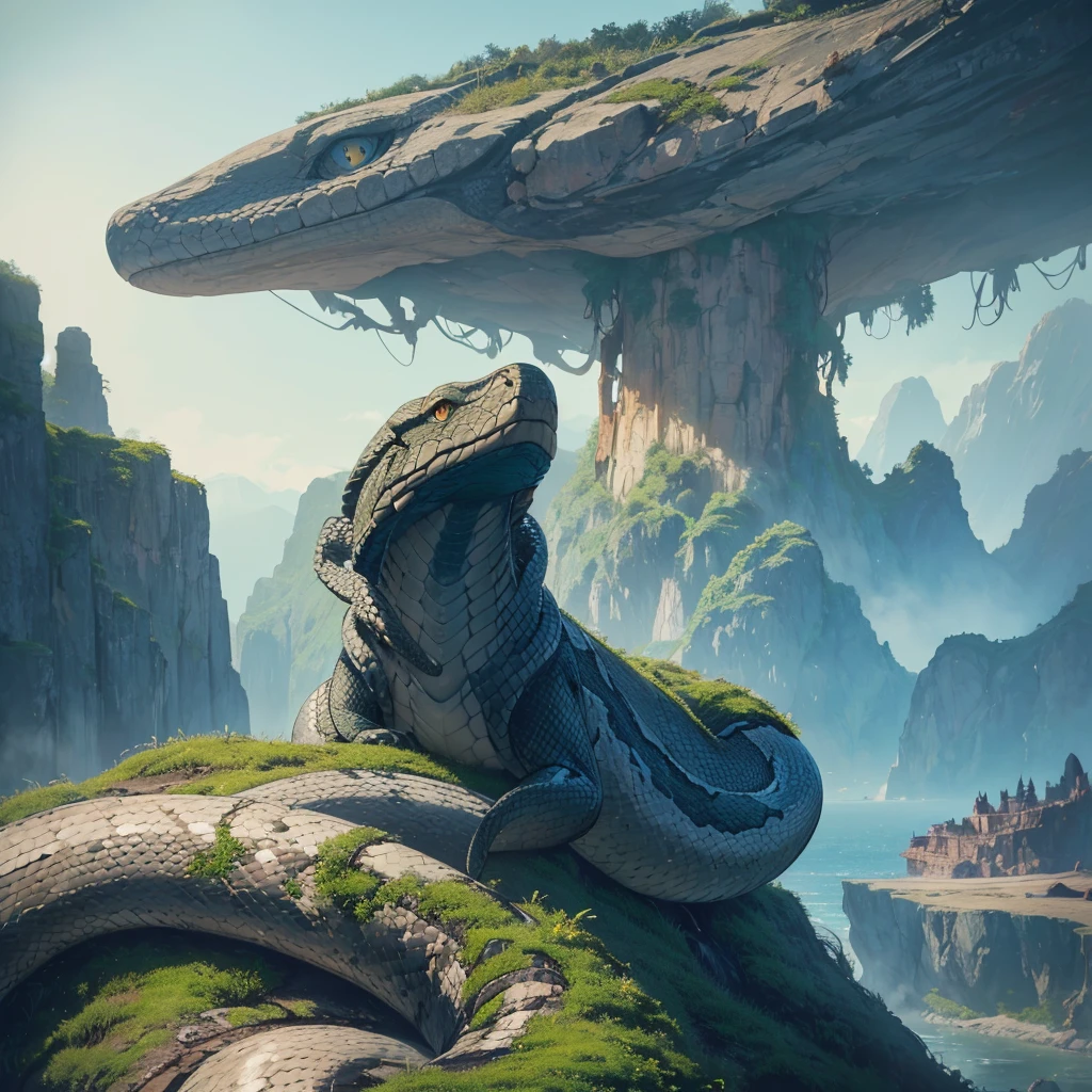 a close up of a snake on a cliff with a mountain in the background, jormungandr, still from a fantasy movie, great mystical winged serpent, from kong skull island (2017), anaconda, amazing exquisite matte painting, giant snake, exquisite matte painting, jormungandr, ( matte painting, superb detail 8 k masterpiece