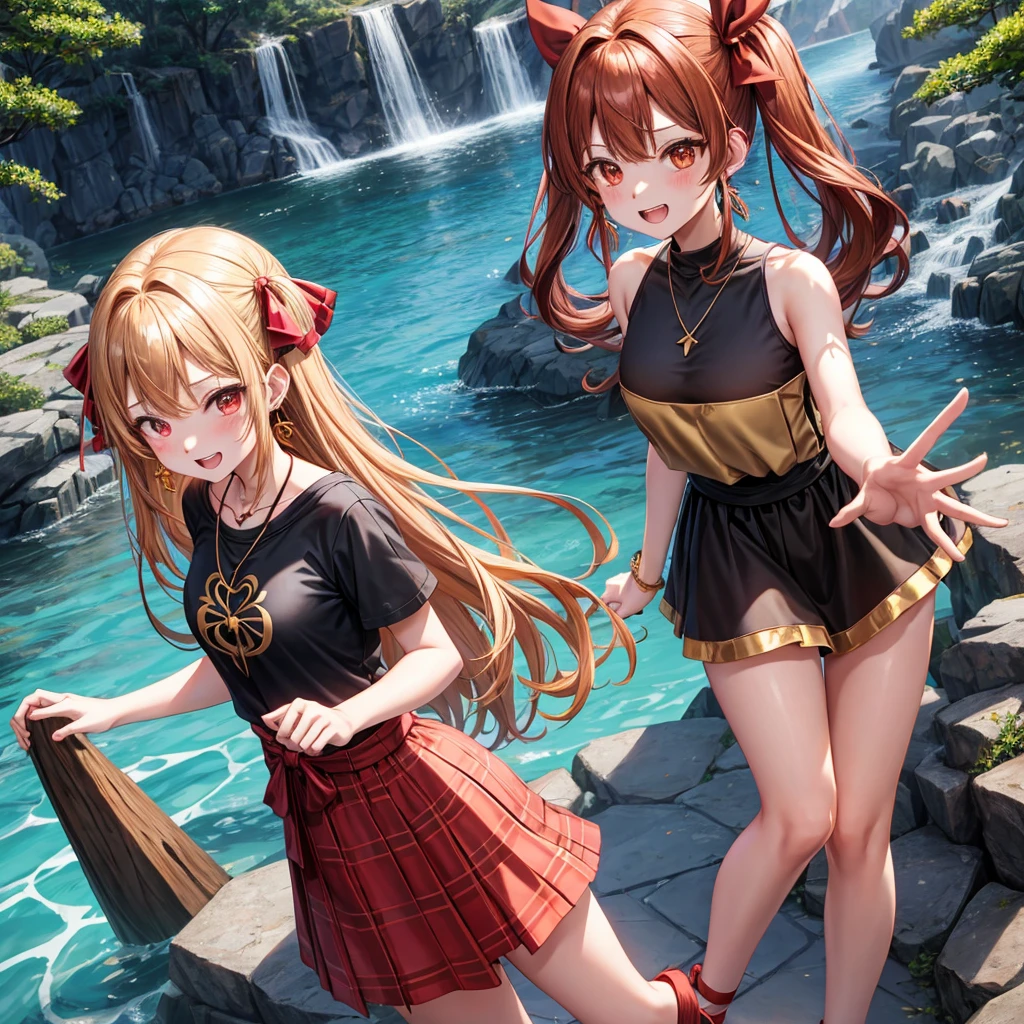 Brown, red, gold, golden hair、Red eyes、One good looking girl、solo、anime、Checkered mini skirt、Black camisole、Black T-shirt、hoodie、Wearing a ribbon、Ribbon on waist、Crystal Earrings、Gemstone Necklace、Light and shadow、Tilting face、Teeth are visible、waterfall、Kuroko、tunnel、pylon、Sunset sky、Towering、frilled lizard、light