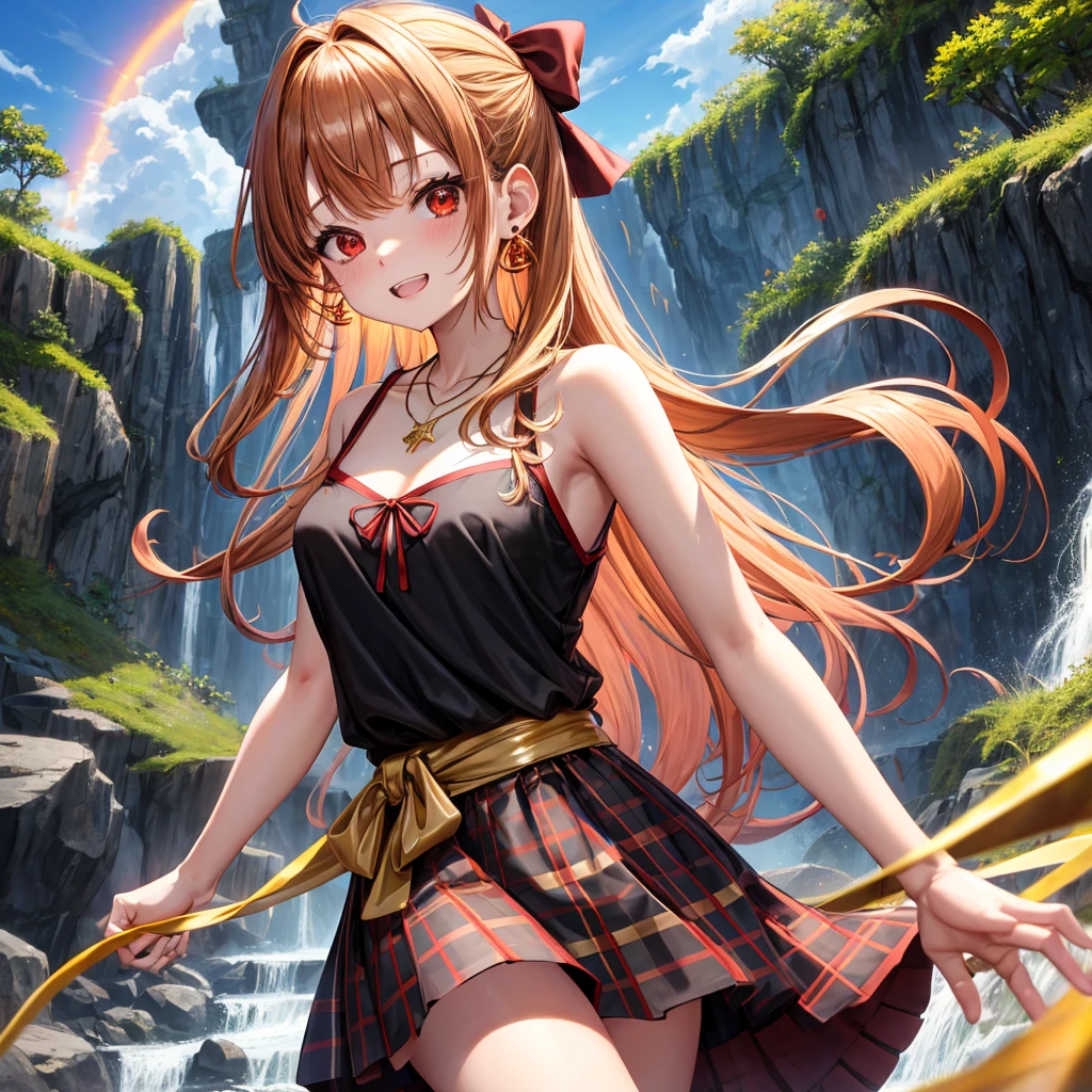 Brown, red, gold, golden hair、Red eyes、One good looking girl、solo、anime、Checkered mini skirt、Black camisole、Black T-shirt、hoodie、Wearing a ribbon、Ribbon on waist、Crystal Earrings、Gemstone Necklace、Light and shadow、Tilting face、Teeth are visible、waterfall、Kuroko、tunnel、pylon、Sunset sky、Towering、frilled lizard、light