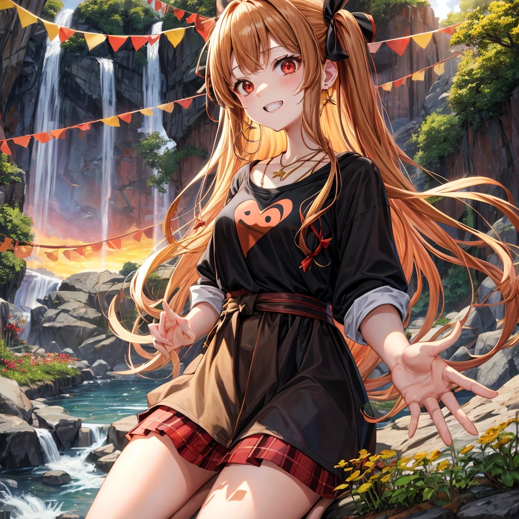 Brown, red, gold, golden hair、Red eyes、One good looking girl、solo、anime、Checkered mini skirt、Black camisole、Black T-shirt、hoodie、Wearing a ribbon、Ribbon on waist、Crystal Earrings、Gemstone Necklace、Light and shadow、Tilting face、Teeth are visible、waterfall、Kuroko、tunnel、pylon、Sunset sky、Towering、frilled lizard、light