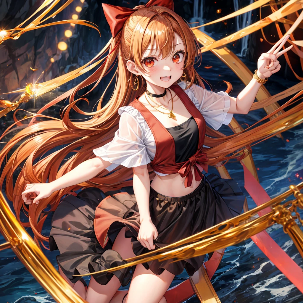 Brown, red, gold, golden hair、Red eyes、One good looking girl、solo、anime、Checkered mini skirt、Black camisole、Black T-shirt、hoodie、Wearing a ribbon、Ribbon on waist、Crystal Earrings、Gemstone Necklace、Light and shadow、Tilting face、Teeth are visible、waterfall、Kuroko、tunnel、pylon、Sunset sky、Towering、frilled lizard、light