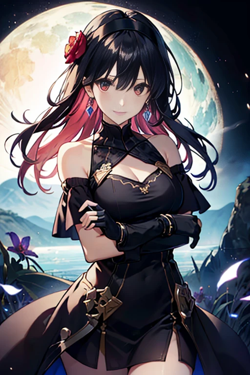 yor briar, anime style beutiful woman, 1girl, happy, sexy pause,(with sparkling eyes and a contagious smile:0.9),red face, closed mouth, beautiful detailed eyes, super detailed skin, backlighting, bare shoulders, black background, black dress, black gloves, black hair, breasts, dress, earrings, fingerless gloves, floating hair, floral print, flower, gloves, gold earrings, gold hairband, hair flower, hair ornament, hairband, holding, holding weapon, jewelry, large breasts, long hair, looking at viewer, off-shoulder dress, off shoulder,red eyes, short hair with long locks, sidelocks, solo, spikes, thighs, two-sided dress, two-sided fabric, weapon, fighting stance , face, close up, from above, highest quality, looking at viewer,high resolution.
