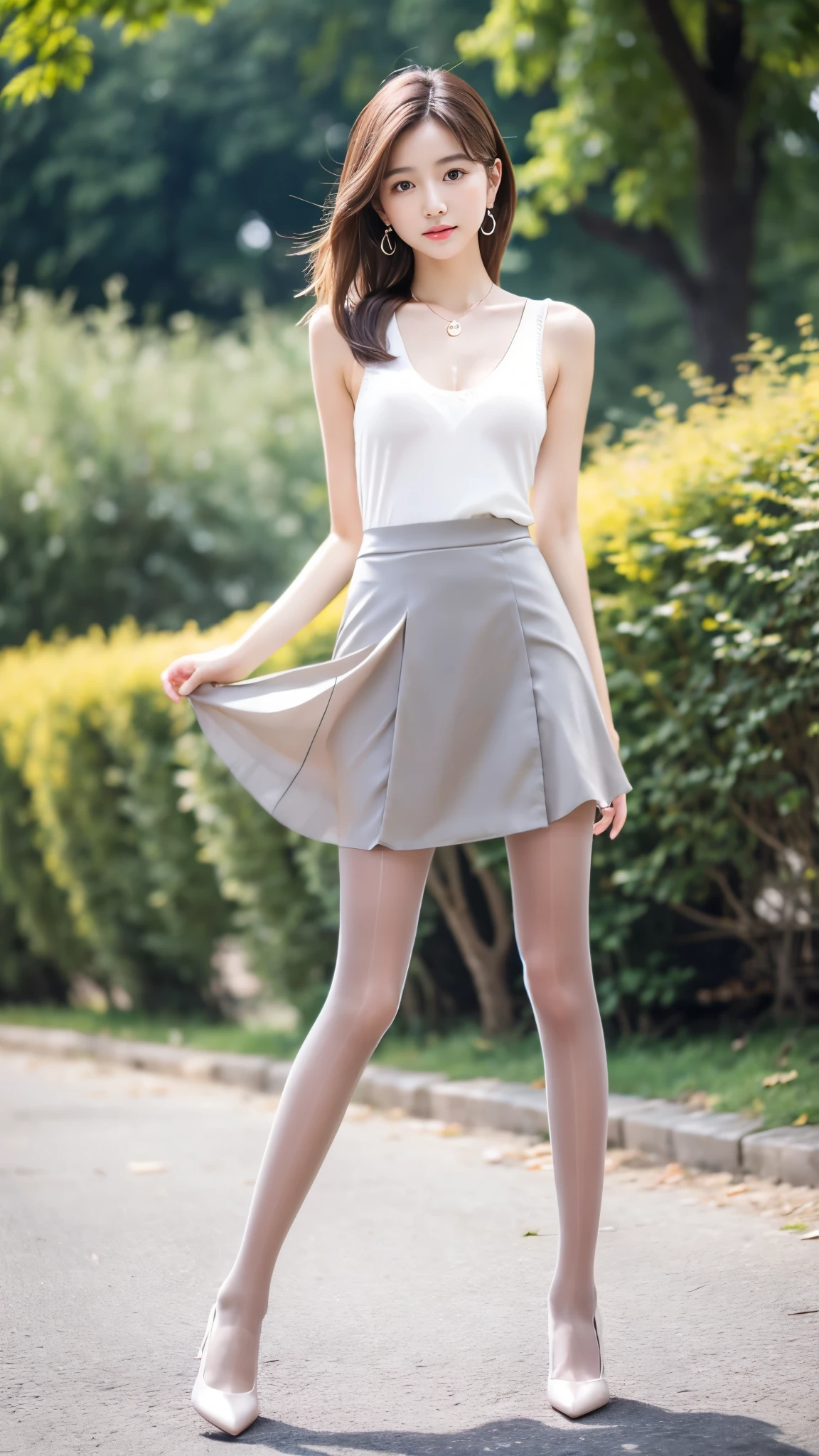 Ultra-clear resolution，Young girl，Shoulder-length hair，Light hair color，Earrings，Clear eyes，No makeup，Lip Gloss，Delicate face，Perfect face，Fair skin，Perfect breasts，Long and slender legs，Pantyhose，Grey Business Mini Skirt，shoe，Empty outdoors