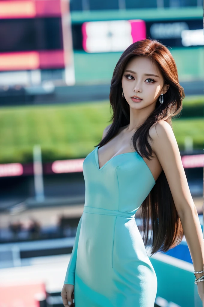 Tzuyu 1, woman, (Realistic), (Hyperrealism), (photoRealistic), Written boundary depth, eye make up:0.7 (whole body:1.8), (Large Bust),(Tight waist), Observe the audience,At the flower garden, Fashion Model, A sexy dress with open shoulders and neckline