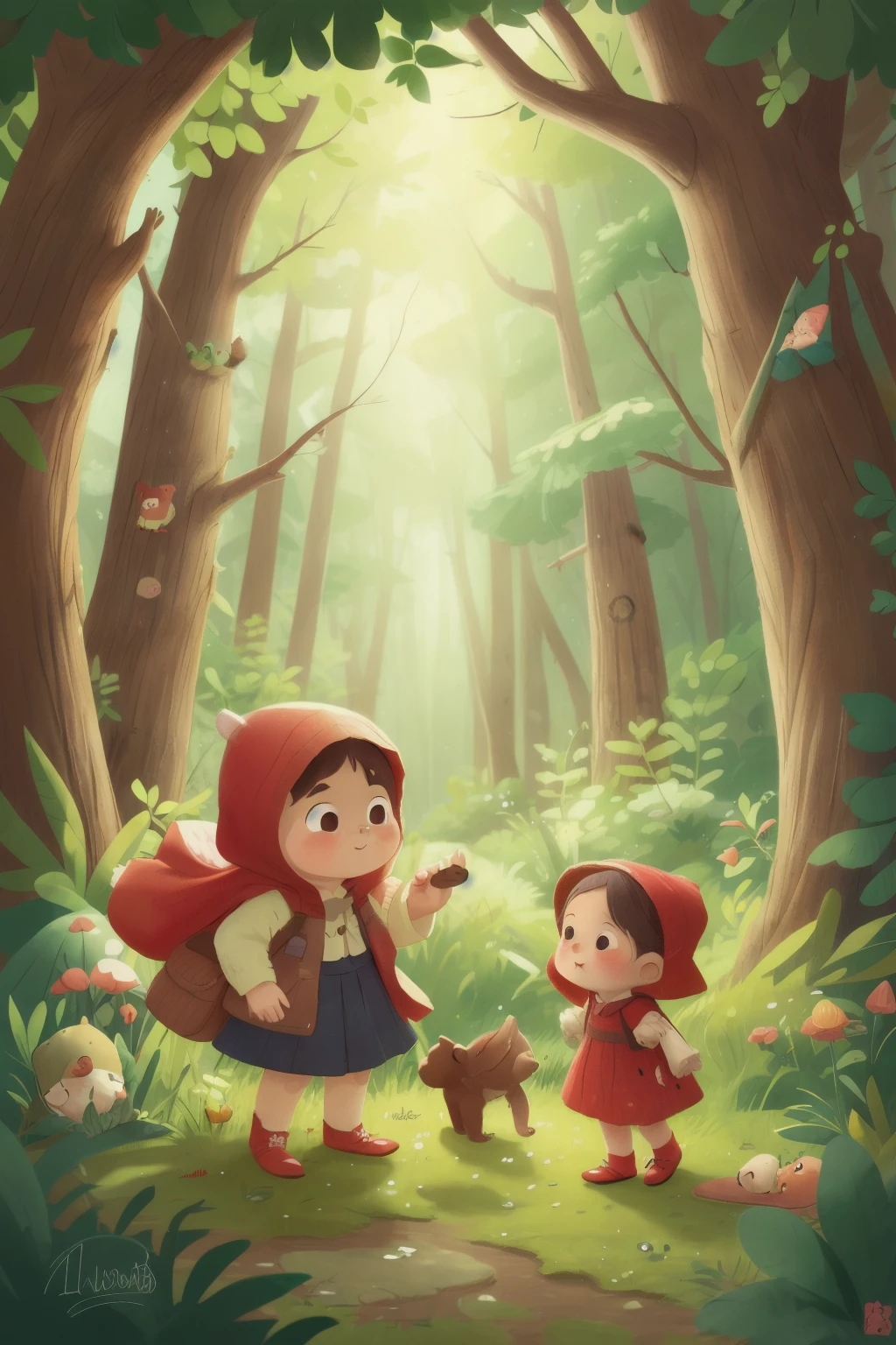 in the forest、A baby bear and a little red riding hood girl meet and become friends