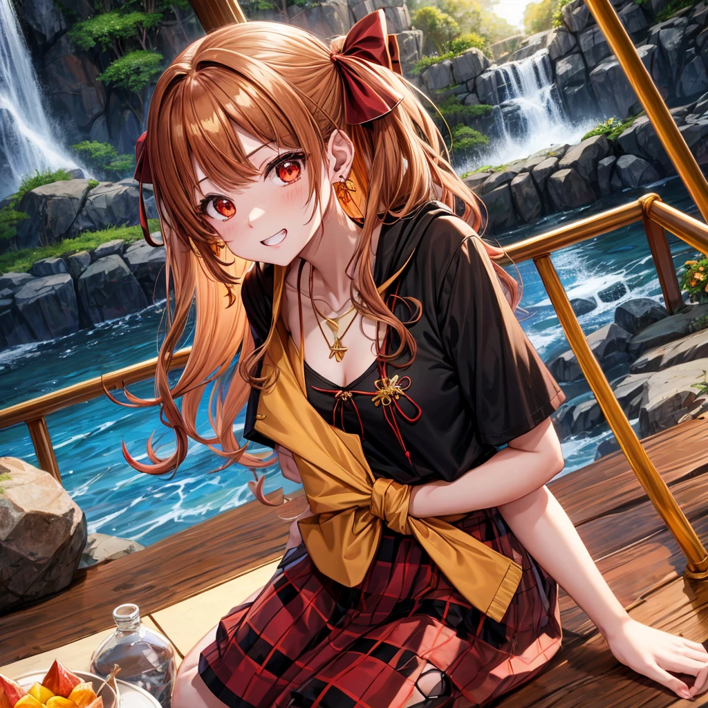 Brown, red, gold, golden hair、Red eyes、One good looking girl、solo、anime、Checkered mini skirt、Black camisole、Black T-shirt、hoodie、Wearing a ribbon、Ribbon on waist、Crystal Earrings、Gemstone Necklace、Light and shadow、Tilting face、Teeth are visible、waterfall、Kuroko、tunnel、pylon、Sunset sky、Towering、frilled lizard、light、flash