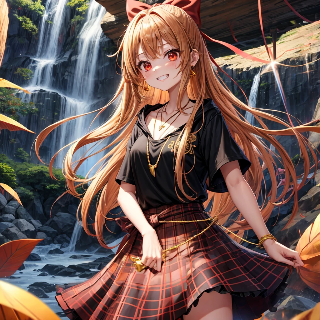 Brown, red, gold, golden hair、Red eyes、One good looking girl、solo、anime、Checkered mini skirt、Black camisole、Black T-shirt、hoodie、Wearing a ribbon、Ribbon on waist、Crystal Earrings、Gemstone Necklace、Light and shadow、Tilting face、Teeth are visible、waterfall、Kuroko、tunnel、pylon、Sunset sky、Towering、frilled lizard、light、flash