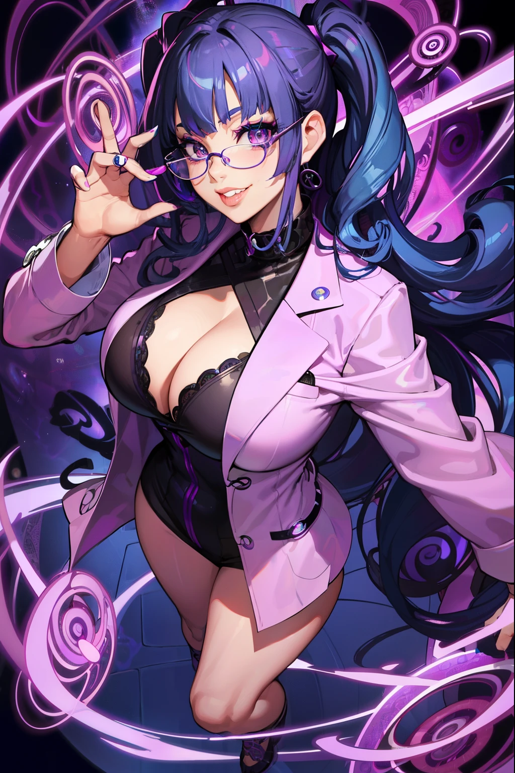  purple eyes, glasses, massive , big ass, juicy lips, big lips, droopy purple eyes, massive lashes,smiling,  facing forward, straight blunt bangs, purple highlights in hair, crazy expression, ((BLUE HAIR)), spiral eyes, @_@, wearing lab coat,eye ornament on har, spirals, full body , ((lab coat)), standing, holding phone