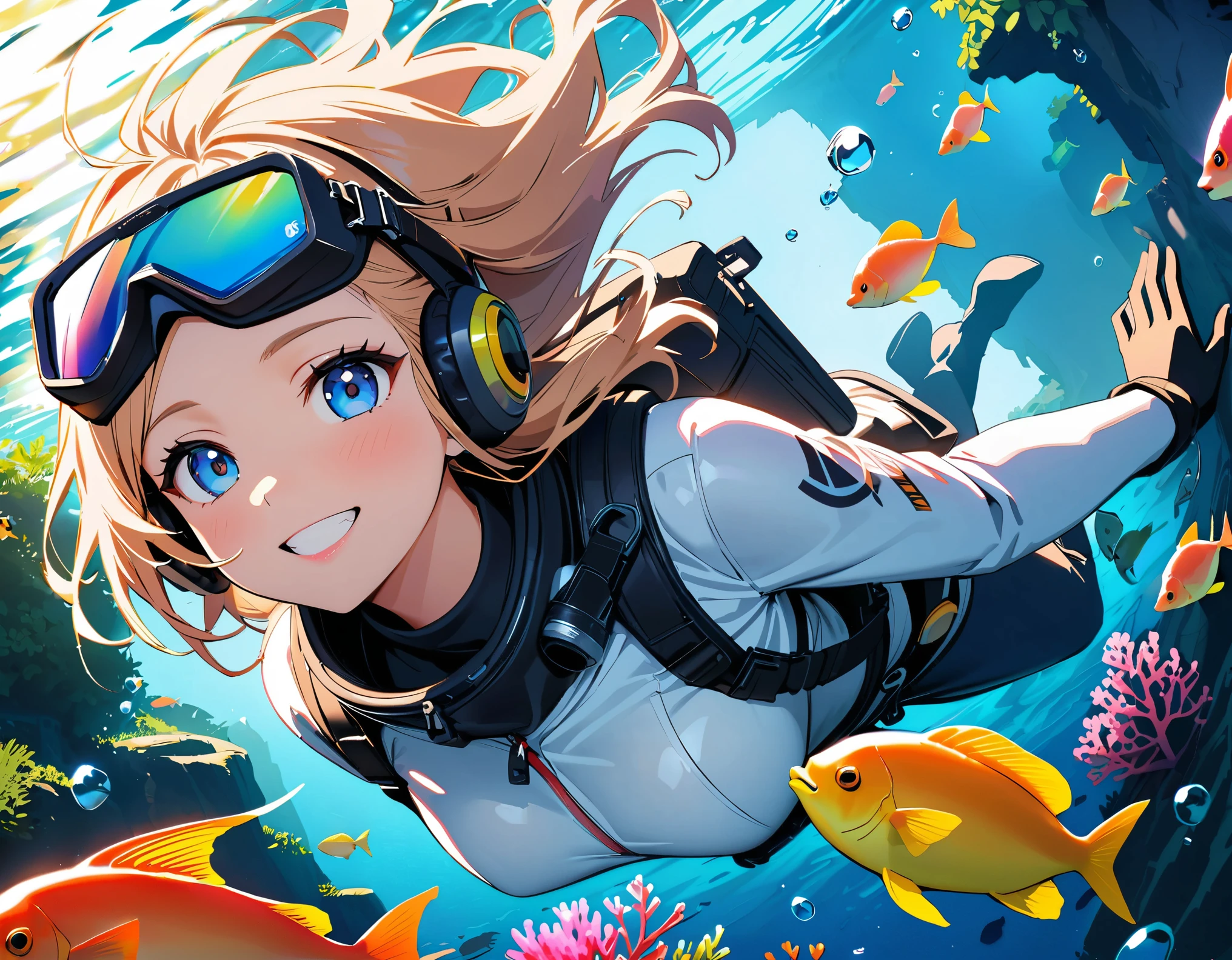 (highest quality:1.2, Very detailed, Latest, Vibrant, Super Detail, Ultra-high resolution, High Contrast, masterpiece:1.2, highest quality, Best aesthetics), Detailed eyes、Underwater Scene、Anime Girls、Beautiful Lips、Colorful tropical fish、Coral、((Wearing a scuba diving suit:1.2))、swimming、Calm expression、Lush vegetation、aquatic environment、Sun rays、Sparkling water reflections、A breathtaking underwater world、Bright colors、Subtle lighting、Tranquility、Marine Life、芸術のmasterpiece、Surreal atmosphere、Diving goggles、Water bubbles、Clear water、Tropical paradise、A blissful experience、Girl's happy face、Coral礁、珍しいMarine Life、Rising bubbles、Shining fish scales、A floating sensation like weightlessness。