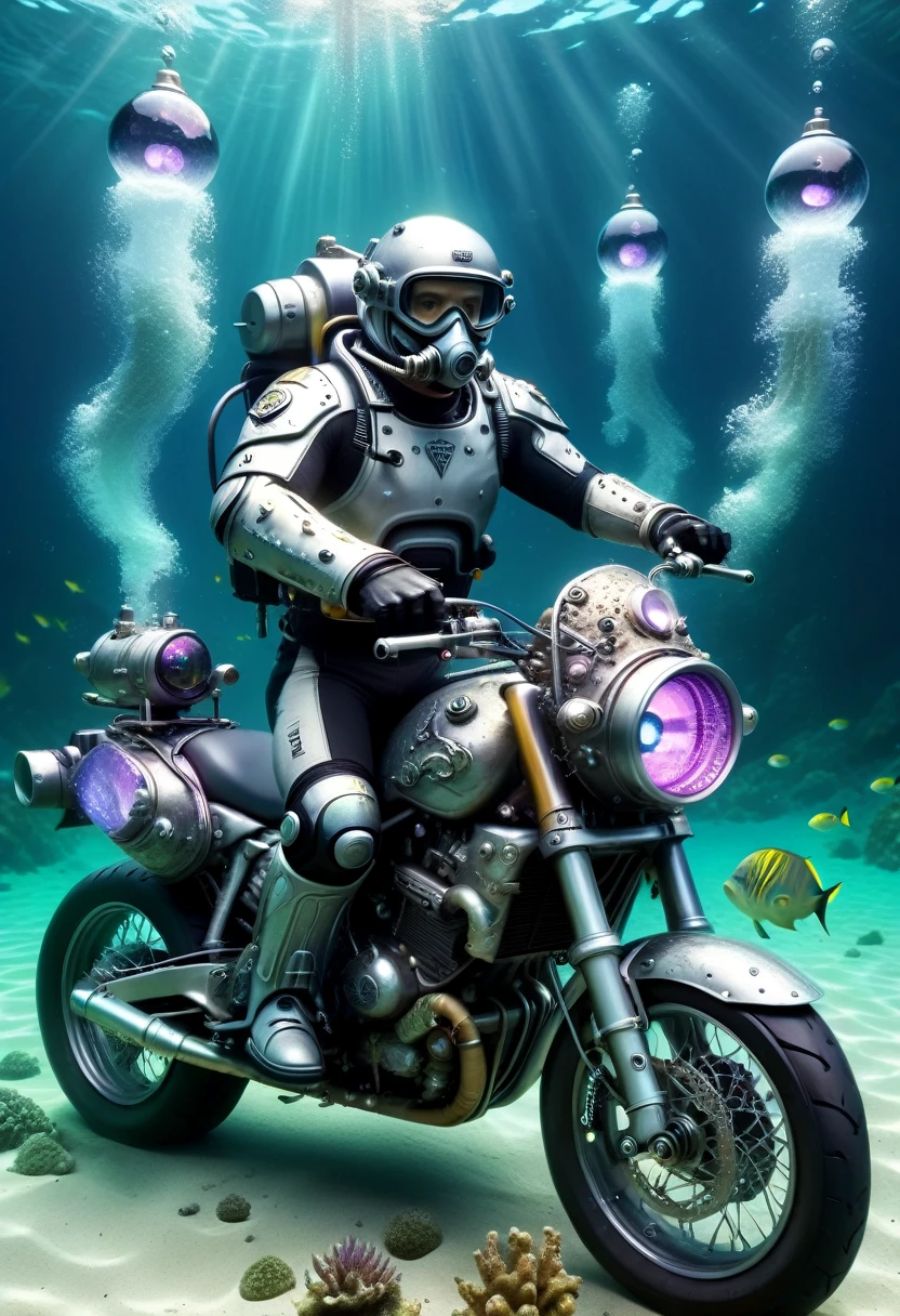 Underwater scene，(diving)，Amazing British Shorthair races on a motorcycle under the sea，(穿着diving服)，(Carrying an oxygen cylinder on his back)，Black tones，(Purple:0.5)，Rune Inlay, (lemon green:0.8) Glowing magic fog. wizardcoreai 