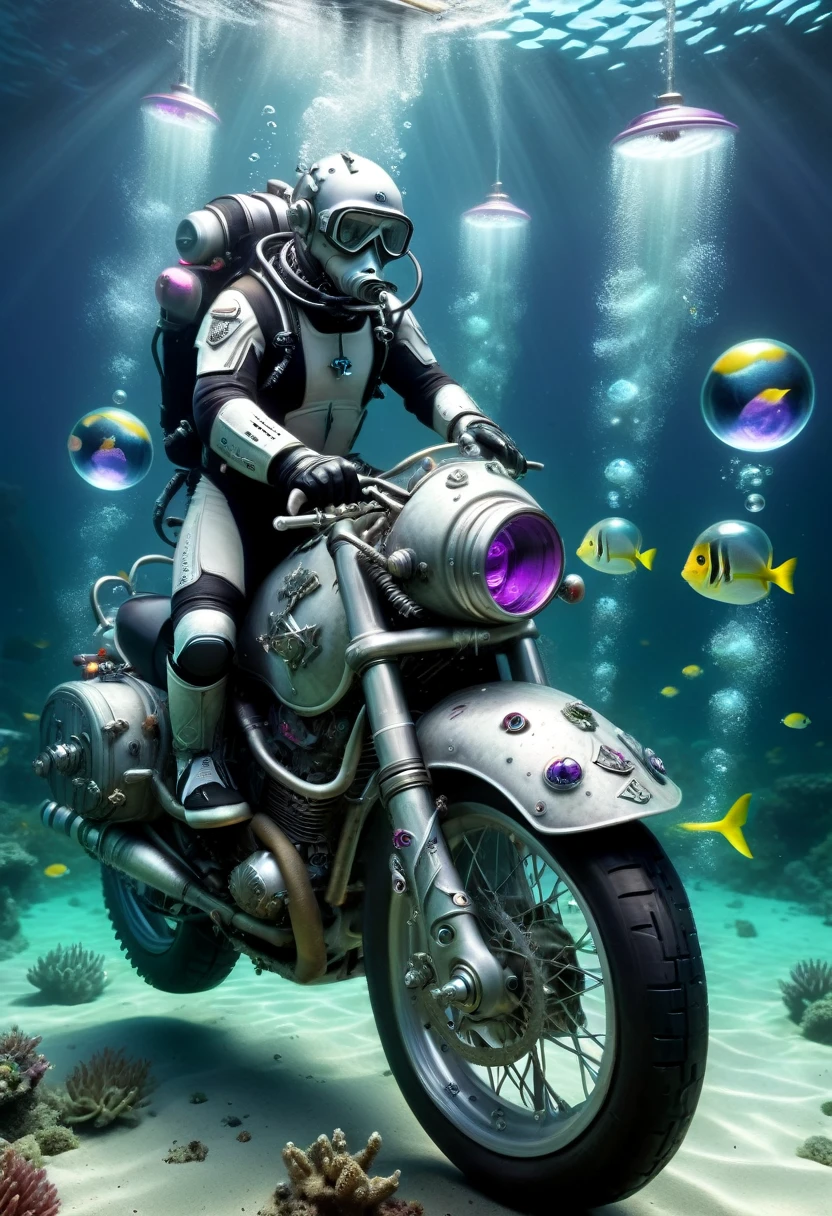 Underwater scene，(diving)，Amazing British Shorthair races on a motorcycle under the sea，(穿着diving服)，(Carrying an oxygen cylinder on his back)，Black tones，(Purple:0.5)，Rune Inlay, (lemon green:0.8) Glowing magic fog. wizardcoreai 