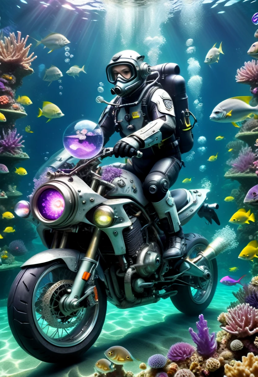 Underwater scene，(diving)，Amazing British Shorthair races on a motorcycle under the sea，(穿着diving服)，(Carrying an oxygen cylinder on his back)，Black tones，(Purple:0.5)，Rune Inlay, (lemon green:0.8) Glowing magic fog. wizardcoreai 