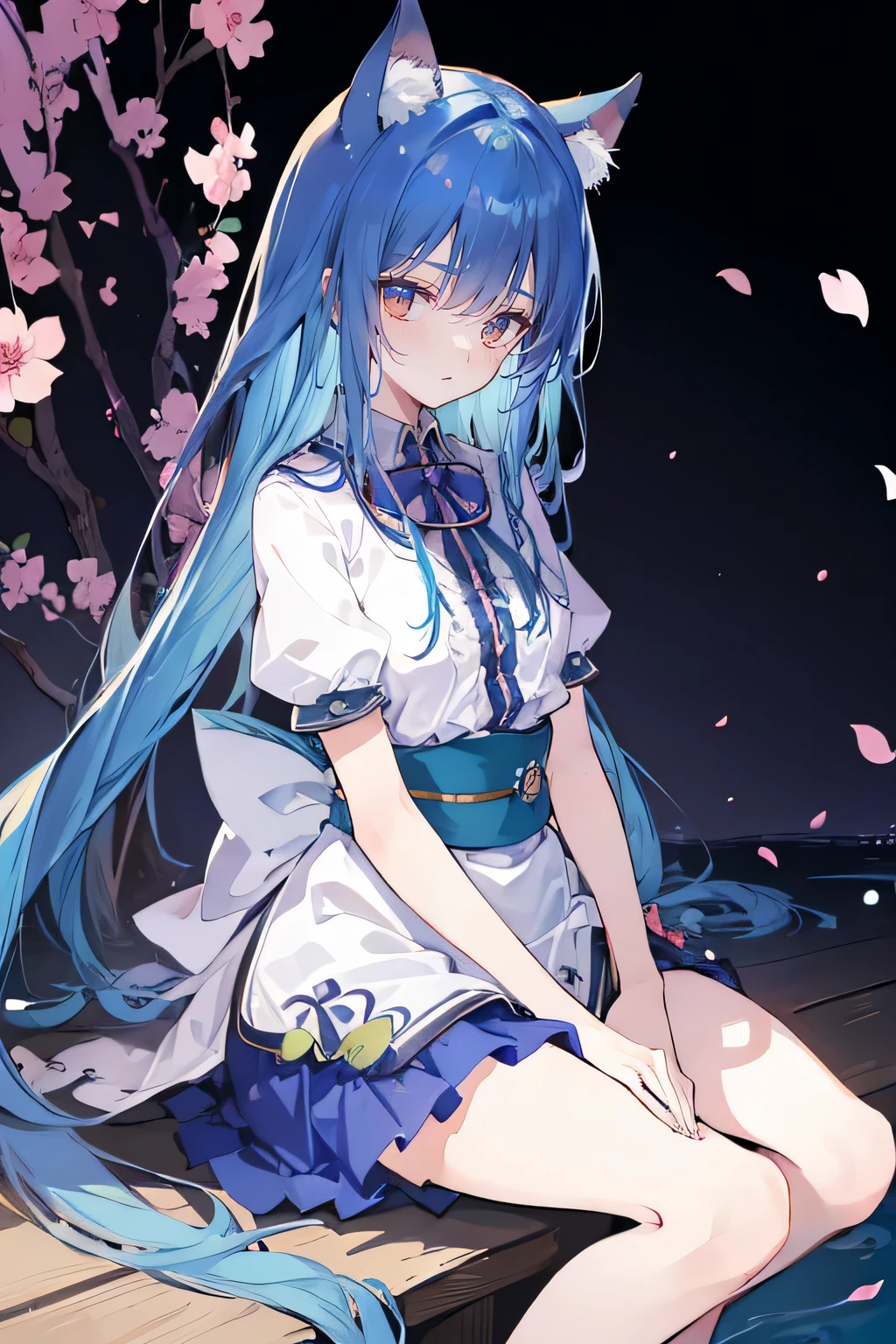 (masterpiece:1.2),ultra-detailed,realistic,expressive eyes,fair-skinned,perfectly shaped face,1girl,
Japanese cartoons,Gorgeous blue hair, flowing blue hair,floating clothes,cat ears,petals falling,beautiful Lola,Hina Angel,
hands on waist,gracefully sitting on the ground,legs crossed,gentle and serene background,cool and comfortable pavilion.