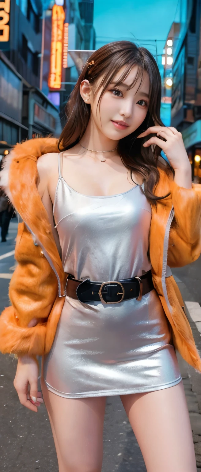 Wild idol girl、whole body、Good style、、、Wild silver mini dress、Fantastic City、、、Gorgeous orange fur jacket、Great belt、