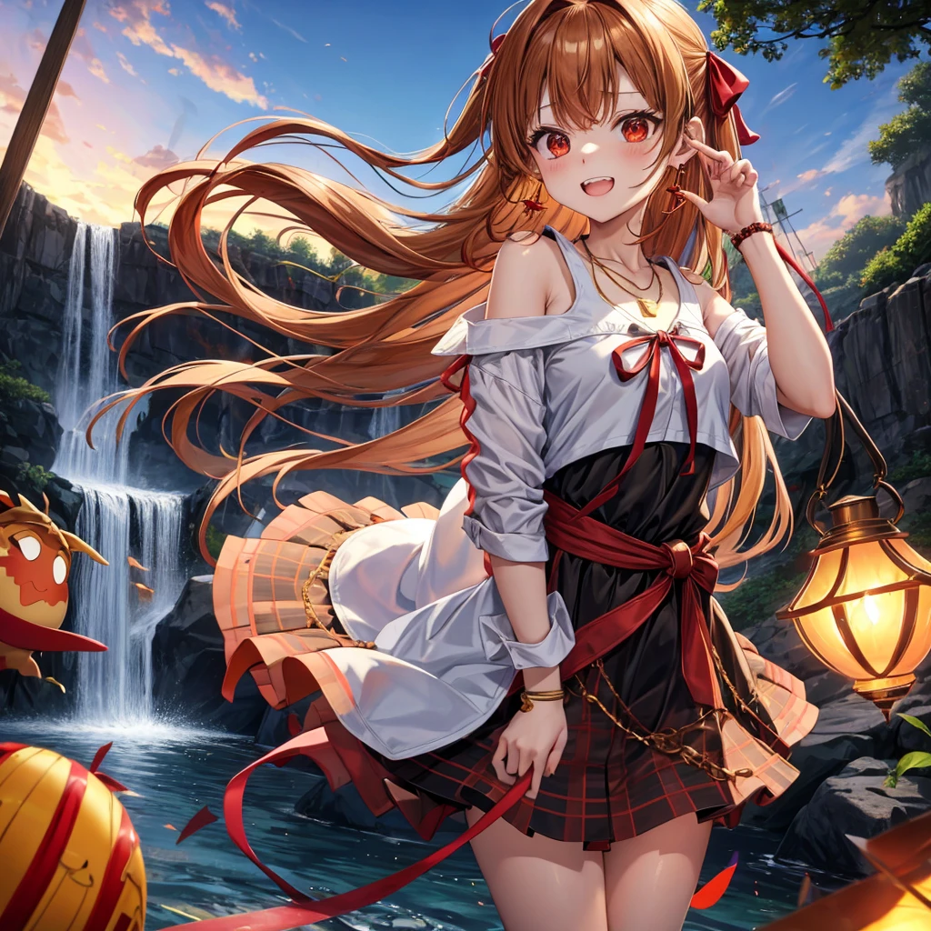 Brown, red, gold, golden hair、Red eyes、One good looking girl、solo、anime、Checkered mini skirt、Black camisole、Black T-shirt、hoodie、Wearing a ribbon、Ribbon on waist、Crystal Earrings、Gemstone Necklace、Light and shadow、Tilting face、Teeth are visible、waterfall、Kuroko、tunnel、pylon、Sunset sky、Towering、frilled lizard、light、flash