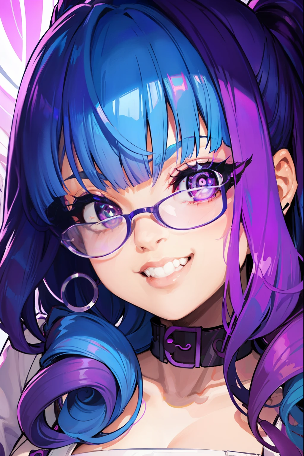  purple eyes, glasses, massive , big ass, juicy lips, big lips, droopy purple eyes, massive lashes,smiling,  facing forward, straight blunt bangs, purple highlights in hair, crazy expression, ((BLUE HAIR)), spiral eyes, @_@, wearing lab coat,eye ornament on har, spirals, full body , ((lab coat)), standing, holding phone, panty pull