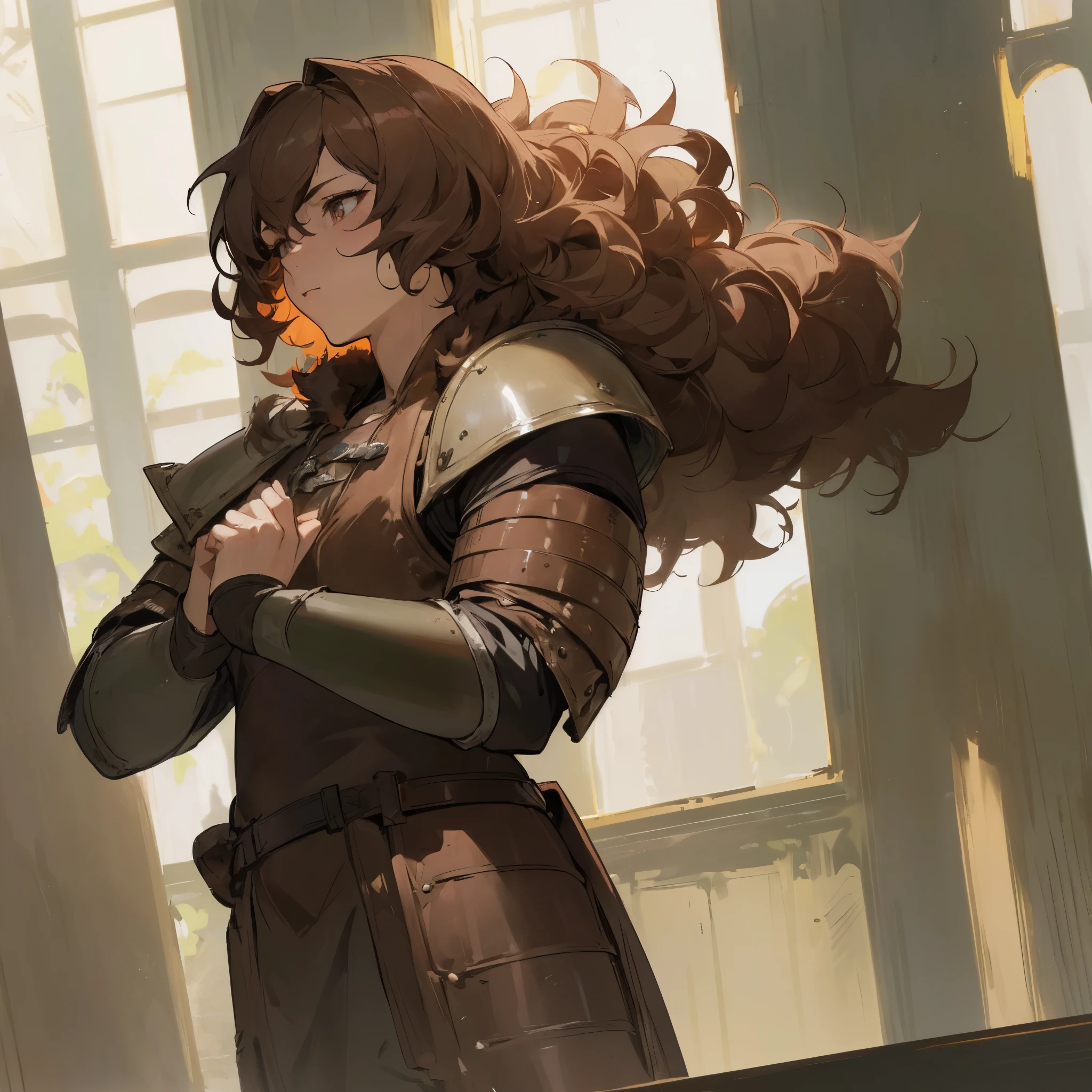 (solo:2), (anime:1.25), (medieval dark fantasy:1.5), (femboy:1.25), (hair, curly, dark brown, short), fighter, (leather armor), beast-like, (paladin type), (natural light), standing, (fur:1.25), aristocracy, (masterpiece:1)