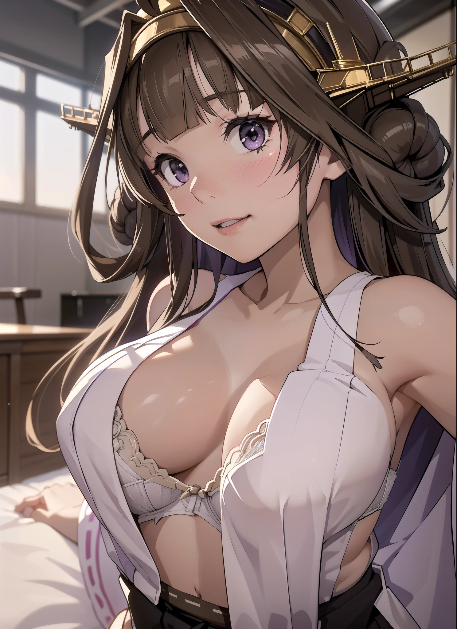 Ship Kongo, kongou, Ahoge, Brown Hair, Double good, Hair Bun, hair band, headgear, Long Hair, (Purple eyes:1.1), 

壊す looking at viewer, smile, blush, Full body,Standing Break Living, Office Room, Lower Body, Destroy naked (masterpiece:1.2), highest quality, High resolution, unity 8k wallpaper, (shape:0.8), (Beautiful details:1.6), Highly detailed face, Perfect lighting, Extremely detailed CG, (Perfect hands, Perfect Anatomy),(panties), (bra), ((Flashy underwear)) In underwear, Skirt Lift,