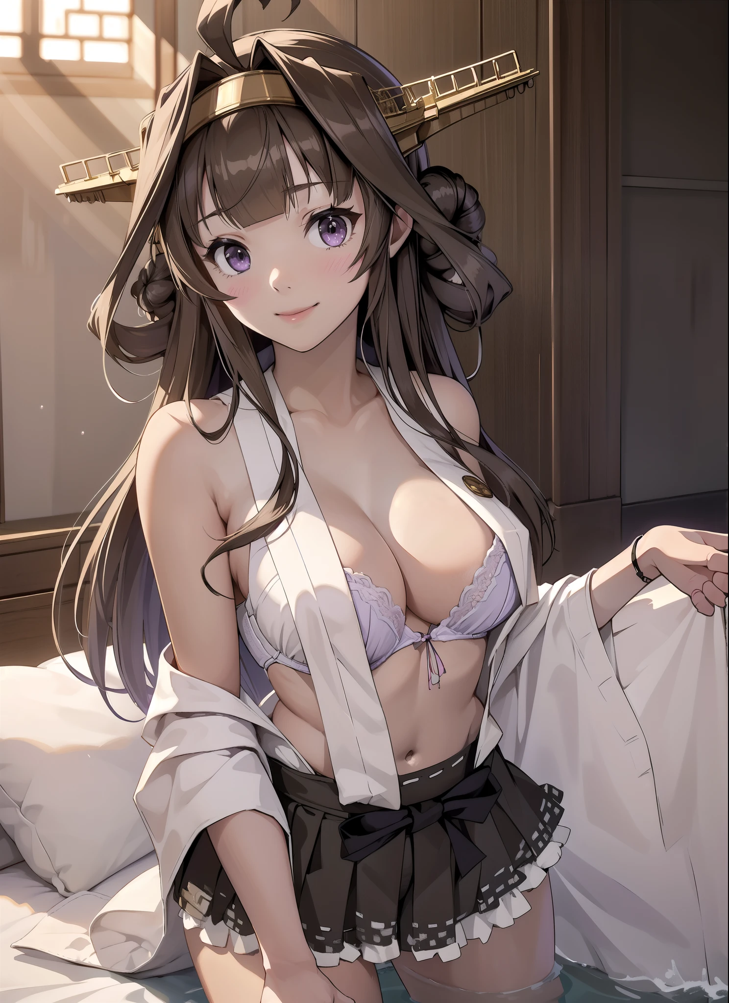 Ship Kongo, kongou, Ahoge, Brown Hair, Double good, Hair Bun, hair band, headgear, Long Hair, (Purple eyes:1.1), 

壊す looking at viewer, smile, blush, Full body,Standing Break Living, Office Room, Lower Body, Destroy naked (masterpiece:1.2), highest quality, High resolution, unity 8k wallpaper, (shape:0.8), (Beautiful details:1.6), Highly detailed face, Perfect lighting, Extremely detailed CG, (Perfect hands, Perfect Anatomy),(panties), (bra), ((Flashy underwear)) In underwear, Skirt Lift,