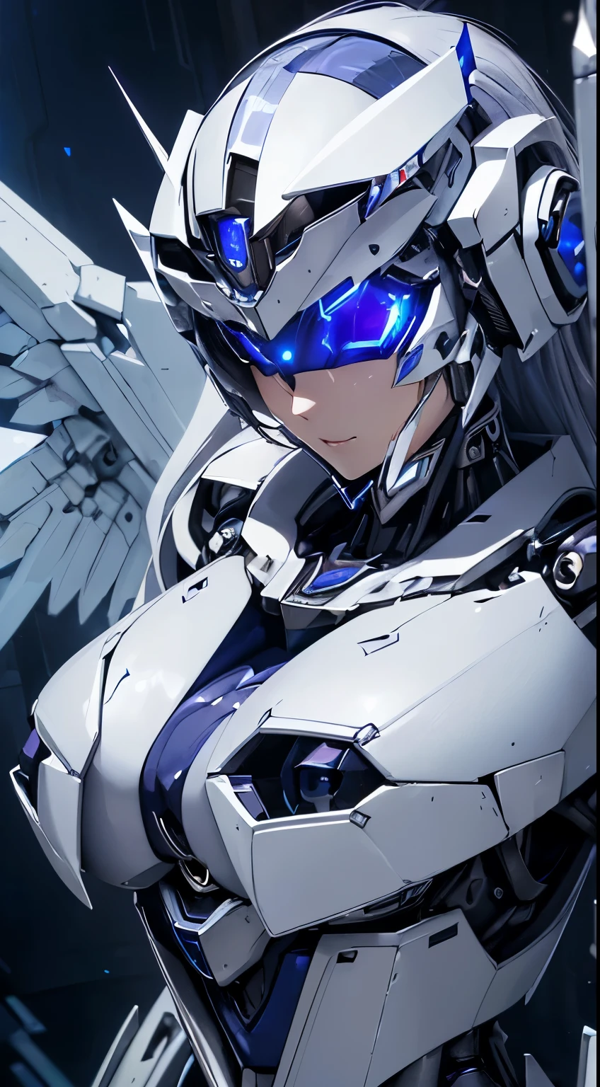 ((extreme close up:1.6))、(((Shining lenses on both breasts:1.3)))、((Blue pillars of light are emanating from both chests.:1.3))、Break、(((Dynamic pose:1.6)))、smile、((8k)), ((32k)), ((highest quality)), ((masterpiece)), ((超A high resolution)), ((Tmasterpiece)), ((halo:1.4))、((Mechaニカルheadgear:1.2))、((Cyber Headphones:1.3))Fine skin, High quality fabric, Fine metal texture、((Beautiful and dense face))、RAW Photos、Professional, Ultra-fine painting, ((alone)), Beautiful breasts、highest quality, Very detailed, Very detailed詳細, Finer details, so beautiful, ((Princess Knight Robot:1.2)), (Joints of machines, Mechanical Limbs:1.3), (The internal structure of the machine is exposed:1.3), (Long silver hair:1.1), (Beautiful and huge mechanical breasts)、White Veil, cowboy_shot, Side Focus, headgear, Shiny、(Five Fingers, Four fingers and thumb),Concept Art, Anime fantasy artwork, Detailed fantasy art, (with pale blue-violet hair and large white wings,,,,,,,), (((Long silver hair))), (Mecha:1.6)、Sleek and intimidating design, ((Commander in Chief's Arms)), (Perfect robot body)、Pure white and blue-purple arms or, Symmetrical wings, 8k high quality detailed art, 3D rendering of character art in 8K, neat legs, Defined, Defined fingers,((headshot:1.3))