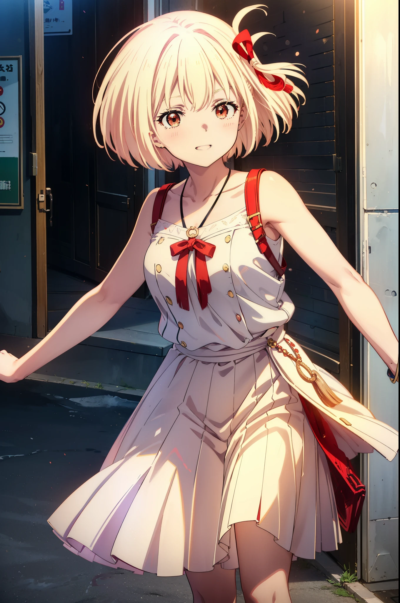 chisatonishikigi, Chisato Nishikigi, Short Hair, bangs, blonde,Bobcut, White hat(Red eyes:1.5), Hair Ribbon,One side up,happy smile, smile, Open your mouth,smile,blush,Red sleeveless dress,White long skirt,Bare arms,Bare neck,Rocket Pendant,Cute Sandals,real summer,sunny,It's as if your whole body is in the illustration., break outdoors, coastal,City Street, break looking at viewer, (Cowboy Shot:1.5), break (masterpiece:1.2), highest quality, High resolution, unity 8k wallpaper, (shape:0.8), (Beautiful details:1.6), Highly detailed face, Perfect lighting, Highly detailed CG, (Perfect hands, Perfect Anatomy),