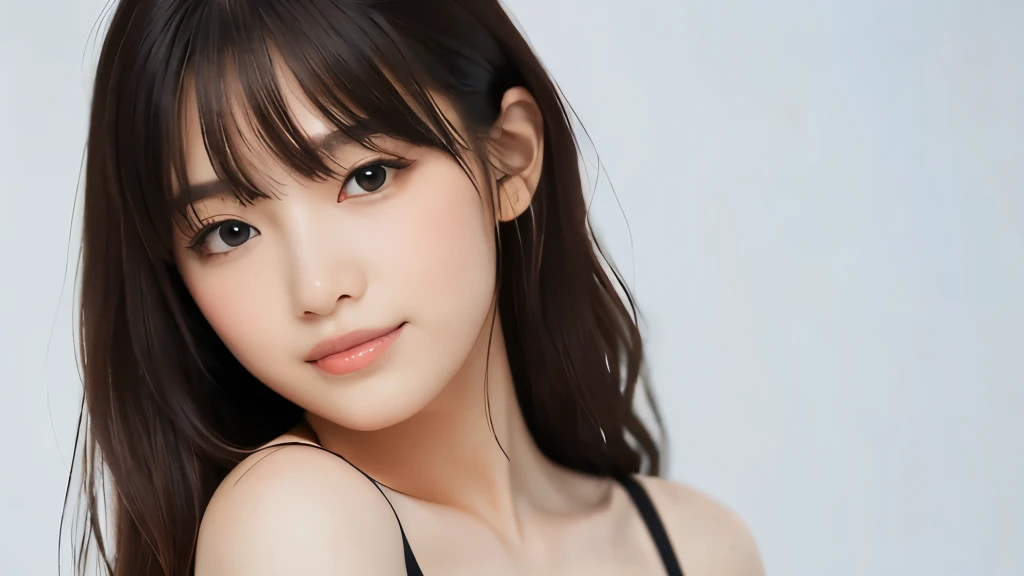 (masterpiece:1.2,highest quality),((White background)),ung woman,((suit)),(Big Breasts),((Look to the side)),Black wavy hair,((Fine and beautiful eyes)),blushed,Healthy Skin,(smile),8k resolution