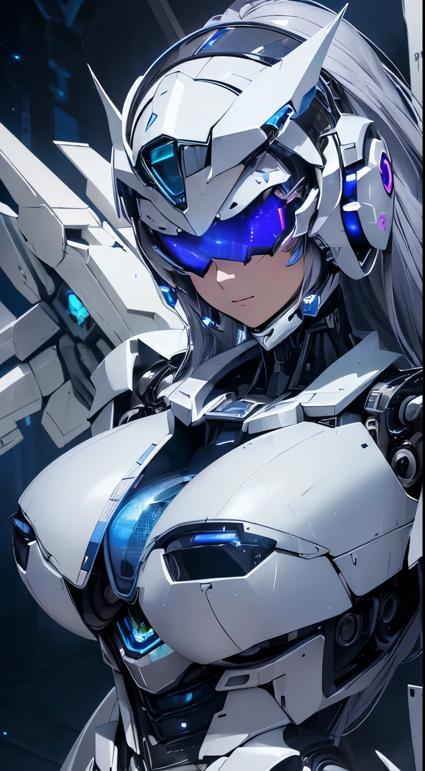((extreme close up:1.6))、(((Shining lenses on both breasts:1.3)))、((Blue pillars of light are emanating from both chests.:1.3))、Break、(((Dynamic pose:1.6)))、smile、((8k)), ((32k)), ((highest quality)), ((masterpiece)), ((超A high resolution)), ((Tmasterpiece)), ((halo:1.4))、((Mechaニカルheadgear:1.2))、((Cyber Headphones:1.3))Fine skin, High quality fabric, Fine metal texture、((Beautiful and dense face))、RAW Photos、Professional, Ultra-fine painting, ((alone)), Beautiful breasts、highest quality, Very detailed, Very detailed詳細, Finer details, so beautiful, ((Princess Knight Robot:1.2)), (Joints of machines, Mechanical Limbs:1.3), (The internal structure of the machine is exposed:1.3), (Long silver hair:1.1), (Beautiful and huge mechanical breasts)、White Veil, cowboy_shot, Side Focus, headgear, Shiny、(Five Fingers, Four fingers and thumb),Concept Art, Anime fantasy artwork, Detailed fantasy art, (with pale blue-violet hair and large white wings,,,,,,,), (((Long silver hair))), (Mecha:1.6)、Sleek and intimidating design, ((Commander in Chief's Arms)), (Perfect robot body)、Pure white and blue-purple arms or, Symmetrical wings, 8k high quality detailed art, 3D rendering of character art in 8K, neat legs, Defined, Defined fingers,((headshot:1.3))