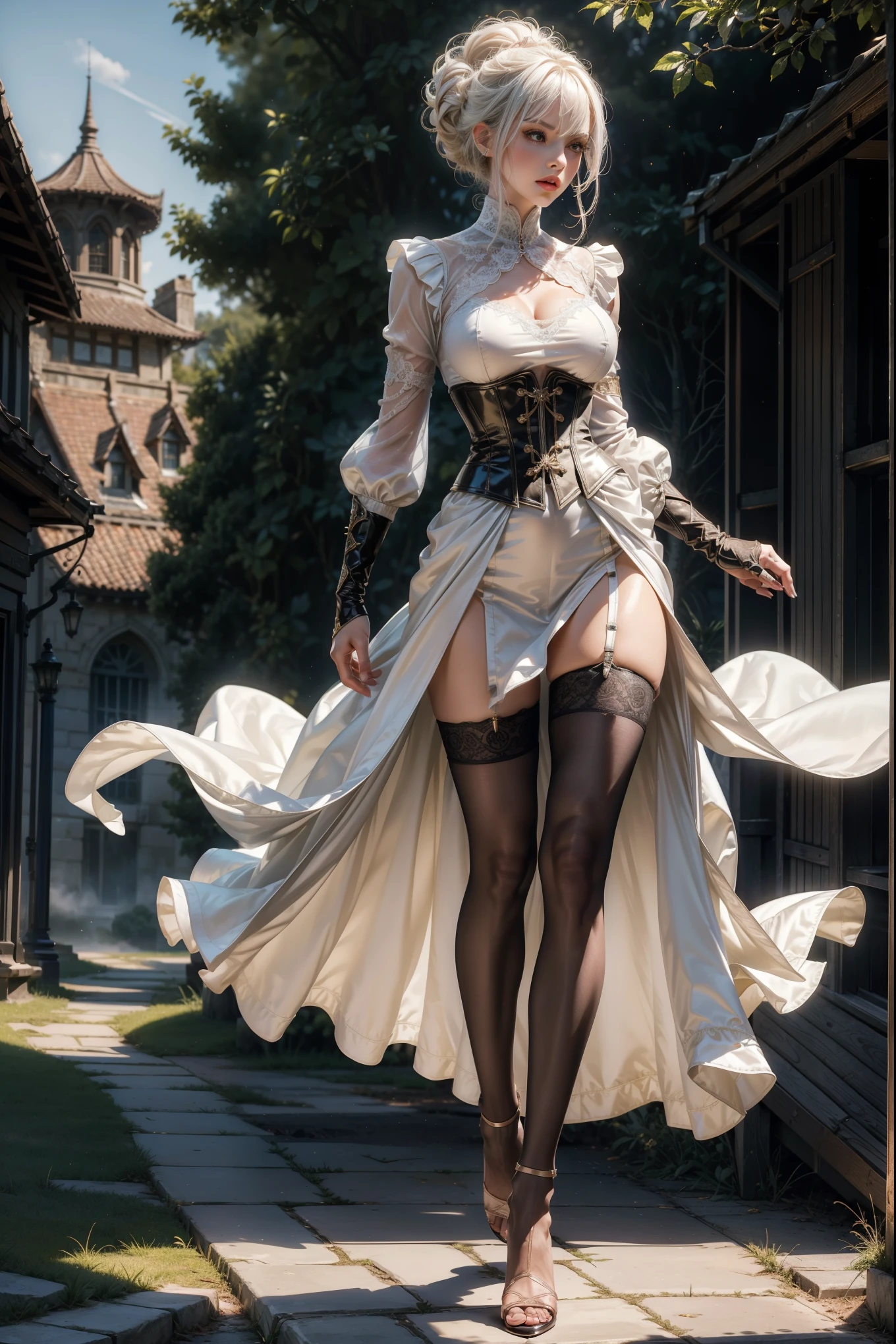 ((show full body from head to toe, standing, body facing to the viewer (show front body)). Pale skin, Tall body, fit body, slender body, medium breast. Exquisite eyes, shiny skins, gorgeous, pretty face, pink lips, perfect figure. A female wizard wearing green and white clothes, long sleeves(lace sleeves), skirts, corset, cloak, robes, cape, gloves, stockings, show heels. long white hair with bangs (updo). Masterpiece:1.5, illustration:1.1, best quality:1.5, fine detail, perfect detail, 4k, HDR, balance focused camera view, centered camera view, middle camera view, vertical scape camera, five fingers straight, natural lighting, bright lighting, sunlight, daylight, sharp focus, smooth detail, HDR, big resolution. Outdoor, bright sky.