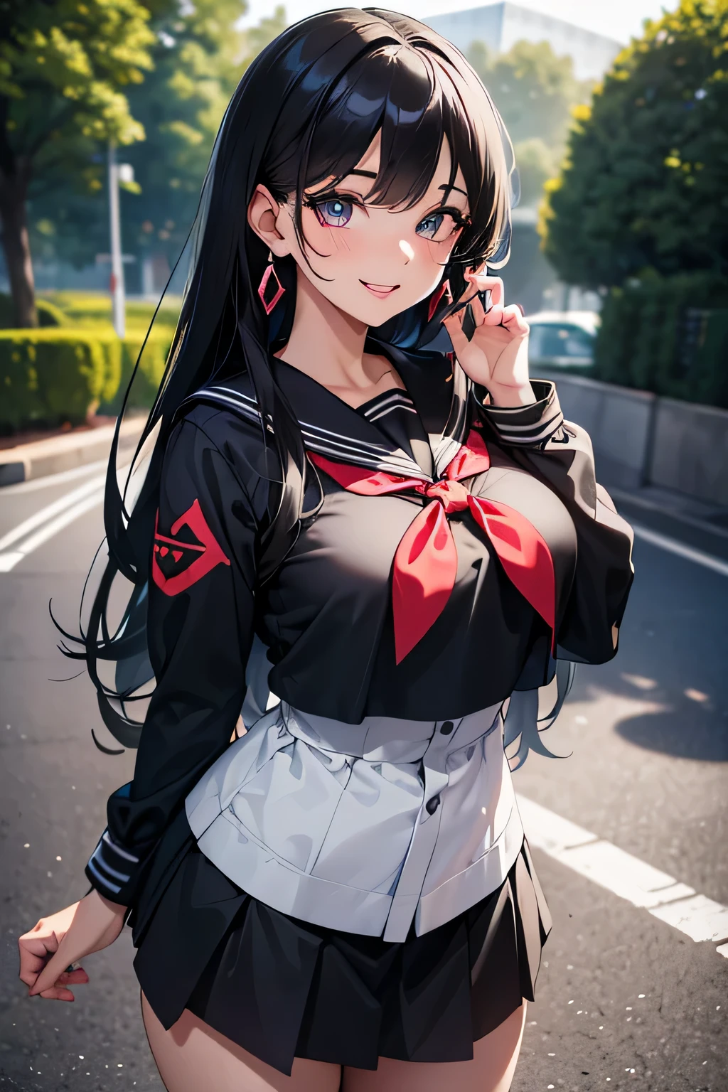 kujikawadef,long hair ,black serafuku, long sleeves, skirt, high highs, jewelry, earrings, standing, best quality, highly detailed, masterpiece, absurdres,8k, photorealistic, realistic,detailed skin texture,detailed pupils,HDR,natural lighting, 1girl,solo,(happy:1.1),(smile:1.2),(angular face:1.2),shiny face, large breasts, narrow waist, lip makeup,