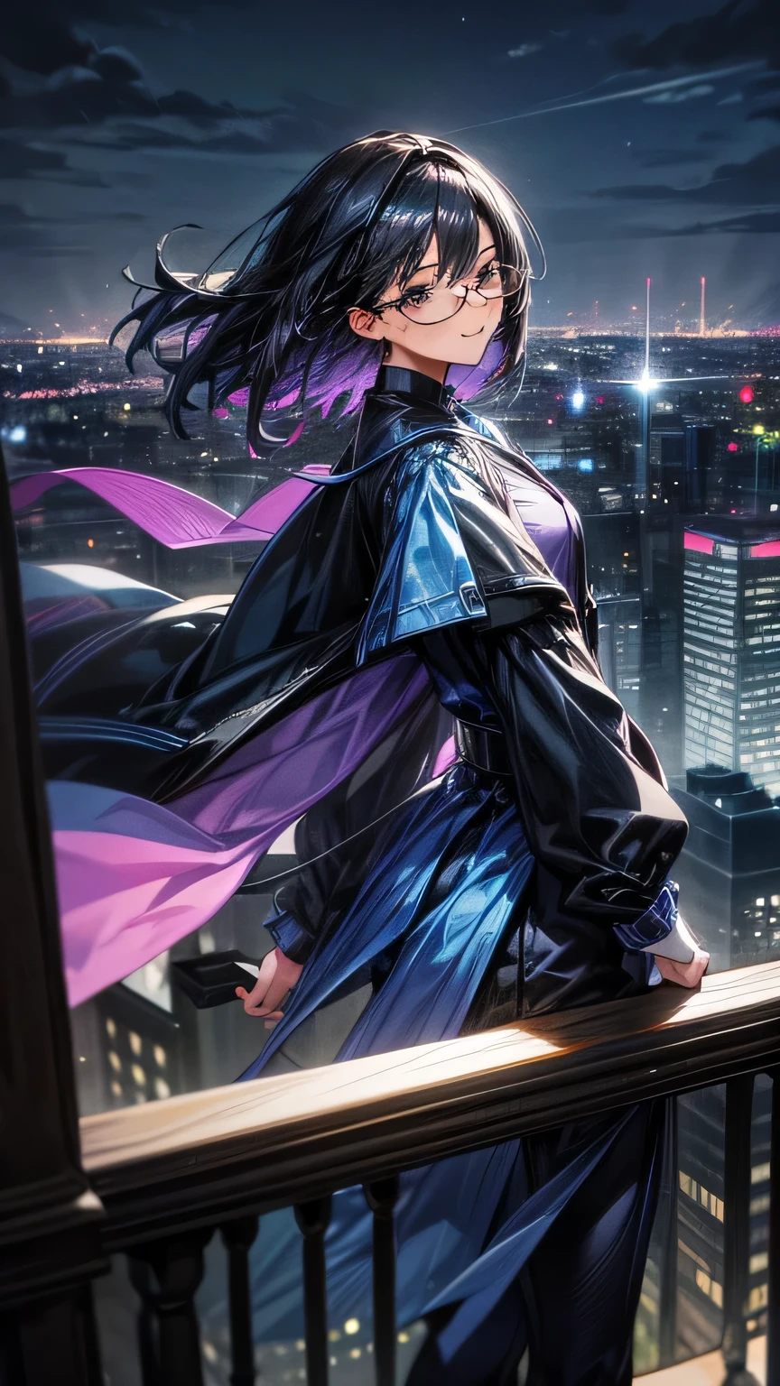 One man on the right, black hair, Black eyes,blue outfit, city, smile, cool hair, handsome, Blue outfit, high quality, hd. One beautiful woman wear glasses on the left, black medium hair, black eyes, Lilac outfit. Night, take a photo's together. cute