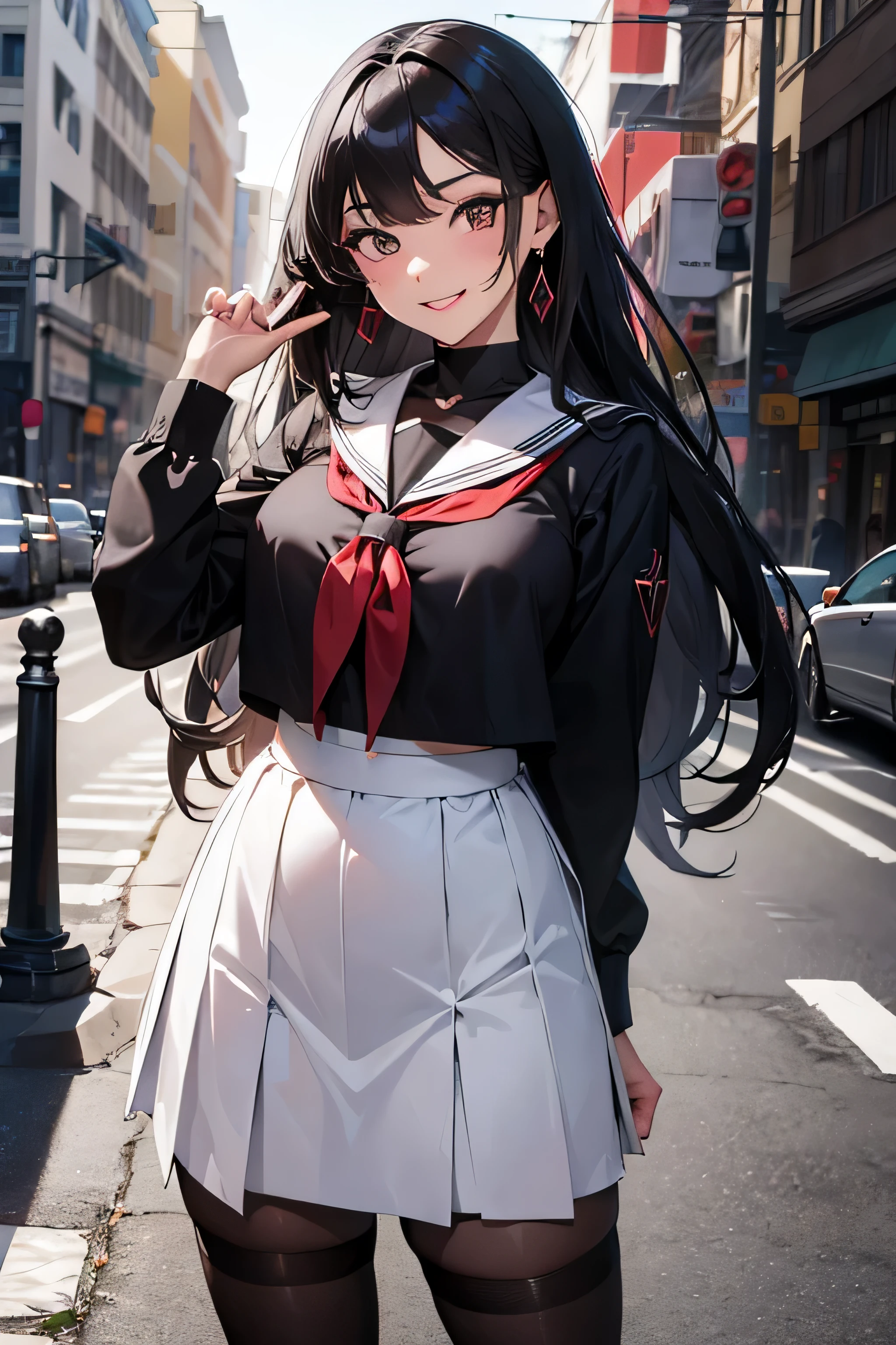 kujikawadef,long hair ,black serafuku, long sleeves, skirt, high highs, jewelry, earrings, standing, best quality, highly detailed, masterpiece, absurdres,8k, photorealistic, realistic,detailed skin texture,detailed pupils,HDR,natural lighting, 1girl,solo,(happy:1.1),(smile:1.2),(angular face:1.2),shiny face, large breasts, narrow waist, lip makeup,