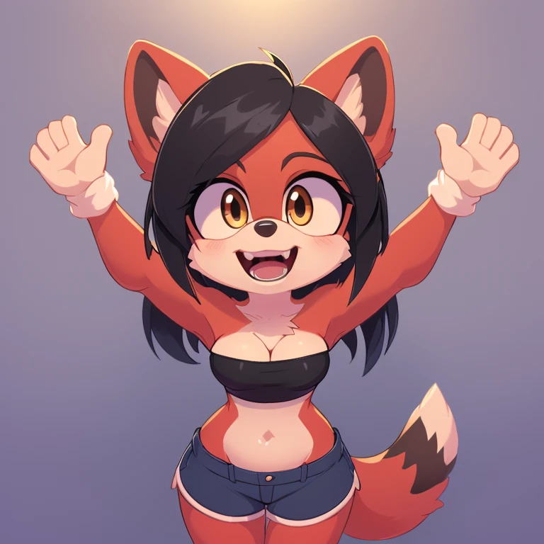(mobian), solo, 1girl, (mobian marten, (red body fur, black hair):1.2), golden eyes, small breasts, cleavage, short girl, slim waist, chest tuft,
sticker, icon, open mouth, wide eyes, excited, playful, face focus, pov, arms out, hugging, shorts, strapless crop top,