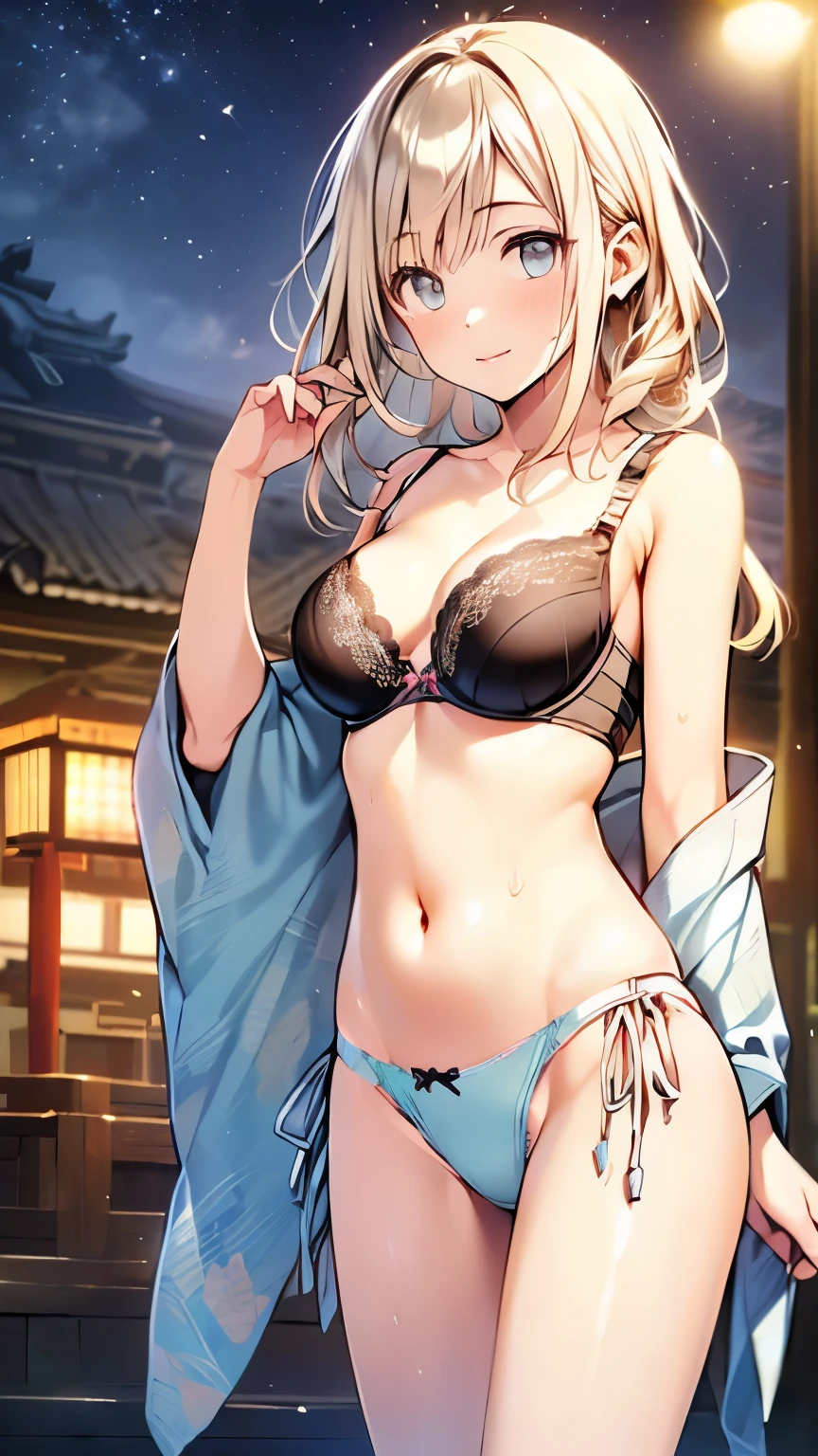(((night,真night中))),(whole body),(((Cinema lighting))),((Perfect Anatomy:1.2,Realistic:1.3,Raw photo:1.3,masterpiece、highest quality、Ultra - High resolution、High resolution、Extremely detailed CG、8k)),((attractive way to sit)),1 female,alone,18-year-old、High school girl beautiful girl,Japanese,((Beautiful and exquisite face and eyes:1.2,Big beautiful eyes:1.0,)),(Bright Eyes),((Beautiful woman))、((Blonde)),Long Hair,(Center parted hair:1.4,amount),Medium chest,((slim body)),Small Head:1.3,skinny,(Brown Skin:1.8),((Oily skin,Glowing Skin,Shiny skin,Sweat:1.4)),((attractive way to sit)),(((Kimono 1.0))),{{{}}},(prostituti(Turn your body forward)),((Sitting)),(((open legs:1.5))),Stick out your crotch、(Detailed depiction of the crotch),break,(((satin bra)))、(((Satin panties)))、(shiny bra:iny panties:2))、(((Paslored under6))),((((Bra and panties are drawn in the same color))))、((ra 2)),((Shiny Panties 2))