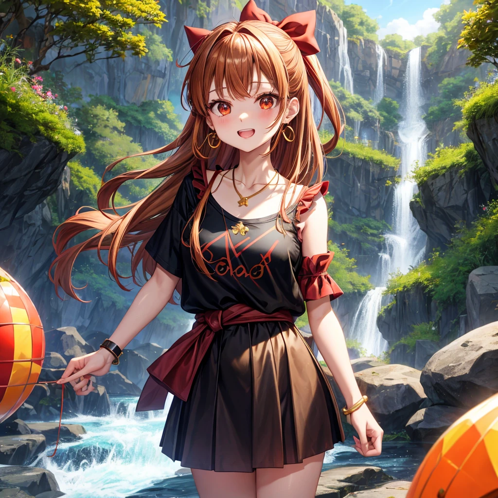 Brown, red, gold, golden hair、Red eyes、One good looking girl、solo、anime、Checkered mini skirt、Black camisole、Black T-shirt、hoodie、Wearing a ribbon、Ribbon on waist、Crystal Earrings、Gemstone Necklace、Light and shadow、Tilting face、Teeth are visible、waterfall、Kuroko、tunnel、pylon、Sunset sky、Towering、frilled lizard、light、flash