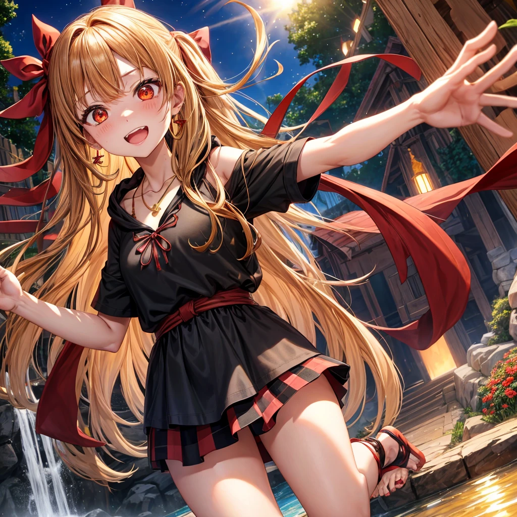 Brown, red, gold, golden hair、Red eyes、One good looking girl、solo、anime、Checkered mini skirt、Black camisole、Black T-shirt、hoodie、Wearing a ribbon、Ribbon on waist、Crystal Earrings、Gemstone Necklace、Light and shadow、Tilting face、Teeth are visible、waterfall、Kuroko、tunnel、pylon、Sunset sky、Towering、frilled lizard、light、flash