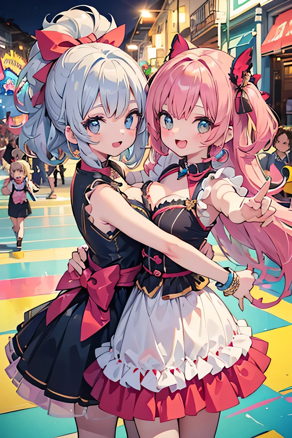 highest quality、High resolution、Detailed Background、(Beautiful face in every detail:1.4)、Anatomically correct、(Draw the usual number of fingers:1.2)、Detailed facial expressions、Detailed eyes、Beautiful, smooth skin、Teenage beauty、(Huge breasts:1.2)、(Highly detailed face:1.4)、
Brightly colored hair、Hairstyles that add waves and curls、Perfect body line、It features beautiful samba parades, colorful costumes and music, and attracts millions of tourists and locals.々will participate、
I'm so excited、High tension、(Uplifting:1.2)、(sense of openness:1.2)、Cowboy Shot、

(Two excited  girls dancing at the Carnival in Rio de Janeiro, Brazil:1.5)、

It is common for participants to wear colorful, showy costumes and fancy dress.、
The town is filled with colorful costumes, and people enjoy dressing up in costumes based on a variety of characters and themes.、A variety of parades and performances will be held、
Dance and music、Performance art and other events light up the city, captivating the audience with their beauty and energy.、You can join in with your friends and family and have a great time、
Dancing to music and laughing with friends increases the sense of unity and excitement.、

Tops and dresses with ruffles and lace are perfect for creating a cute look.、Choosing items with sweet colors and patterns will make you look even cuter.、Tops and bottoms with fruit or floral prints are perfect for the carnival atmosphere.、The refreshing colors and cute design enhance the cuteness.、
Items that incorporate bows or ribbons as accents are effective in creating a cute look.、
Hair accessories, necklaces, bags, etc. with bows or ribbons will make you look even cuter.、
Wearing a flared skirt or a feminine dress will give you a feminine and cute look.、We recommend princess line dresses and tulle skirts.、Choose colorful beads or pastel colored jewelry to enhance your cuteness.、Accessories with animal and flower motifs