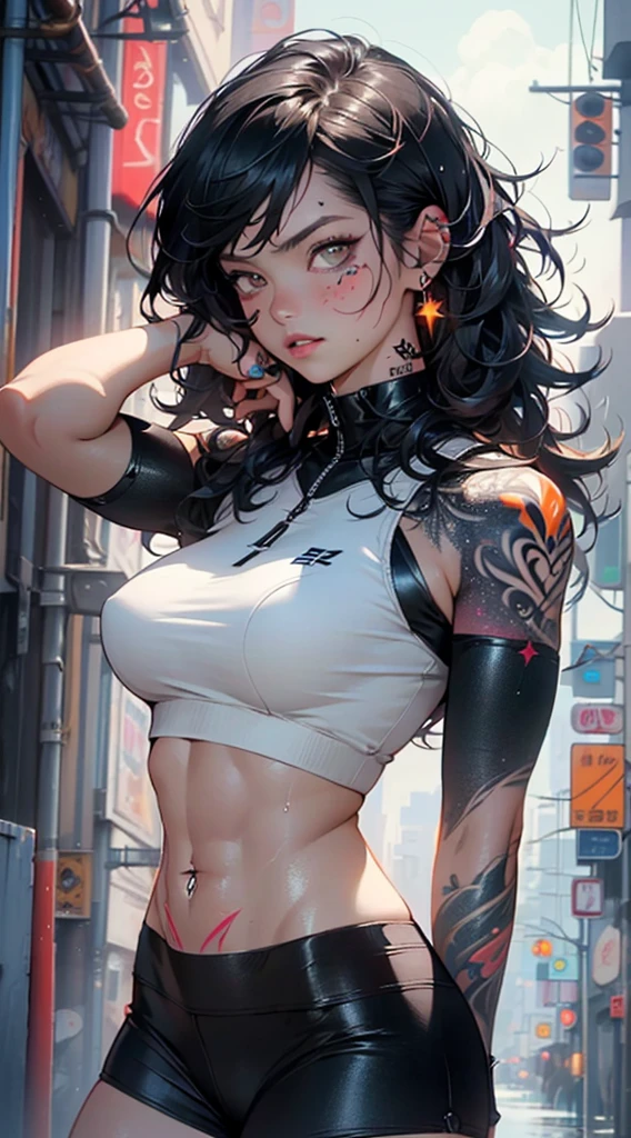 girl sporty,((attractive and muscular girl)),(tomboy),

(large breasts:1.4),saggy breasts,(((black hair:1.35,curly hair, disheveled hair:1.3,very long hair:1.4,colored inner hair,ear breathing))),((heterochromia:1.5, (orange_eye and red_eye))),intricate eyes,beautiful detailed eyes,symmetrical eyes,(((lustrous skin:1.5,bright skin: 1.5,skin tanned,shiny skin,very shiny skin,shiny body,plastic glitter skin,exaggerated shiny skin,illuminated skin, wet legs))),(spider lower abdomen,narrow waist,wide hip,athletic body,inflated legs,detailed body),(((muscle legs,muscular thighs,muscular girl,strong and muscular,bodybuilder,strong body,muscular,feminine and muscular,ABS))),(detailed face),(((tattoos:1.5))),

cute,slutty,seductive,erotic,(((nsfw))),

zettai ryouiki,((tight sports bra, tight sports panties, ((orange and black clothes)))),((wet clothes,intricate outfit,intricate clothes)),

(dynamic pose:1.0),annoyed,(centered,scale to fit dimensions,Rule of thirds),

cyberpunk city by the ocean at night, with bright neon signs and dark stormy clouds and puddles, scenery:1.25,nighttime, starry night, cosmos,Very dark night that makes the neon lights stand out, very bright neon lights,

artistic photography,(photography taken by sldr),highres, sharp focus,(ultra detailed, extremely detailed), (photorealistic artwork:1.37),(extremely detailed CG unity 8k wallpaper),((synthwave background theme)),(((vibrant colors))),intricate,(intricate background),(masterpiece),(best quality),perfect rendered face,perfect face details,realistic face,photo realistic,analog style,((intricate detail)),(((realism))),