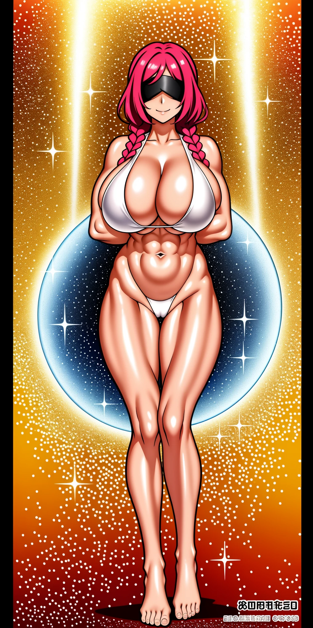 (masterpiece, HI quality: 1.1) 1girl full body standing good face, nice ass, hairstyle: braid, Color Hair: long hair, Blindfolded: NO EYES, Skin: White (porcelain skin, sparkly skin), muscular, thighs, Mature woman, Abs, looks at the viewer smiling, extremely huge breasts, maternal, chest cover with clothes